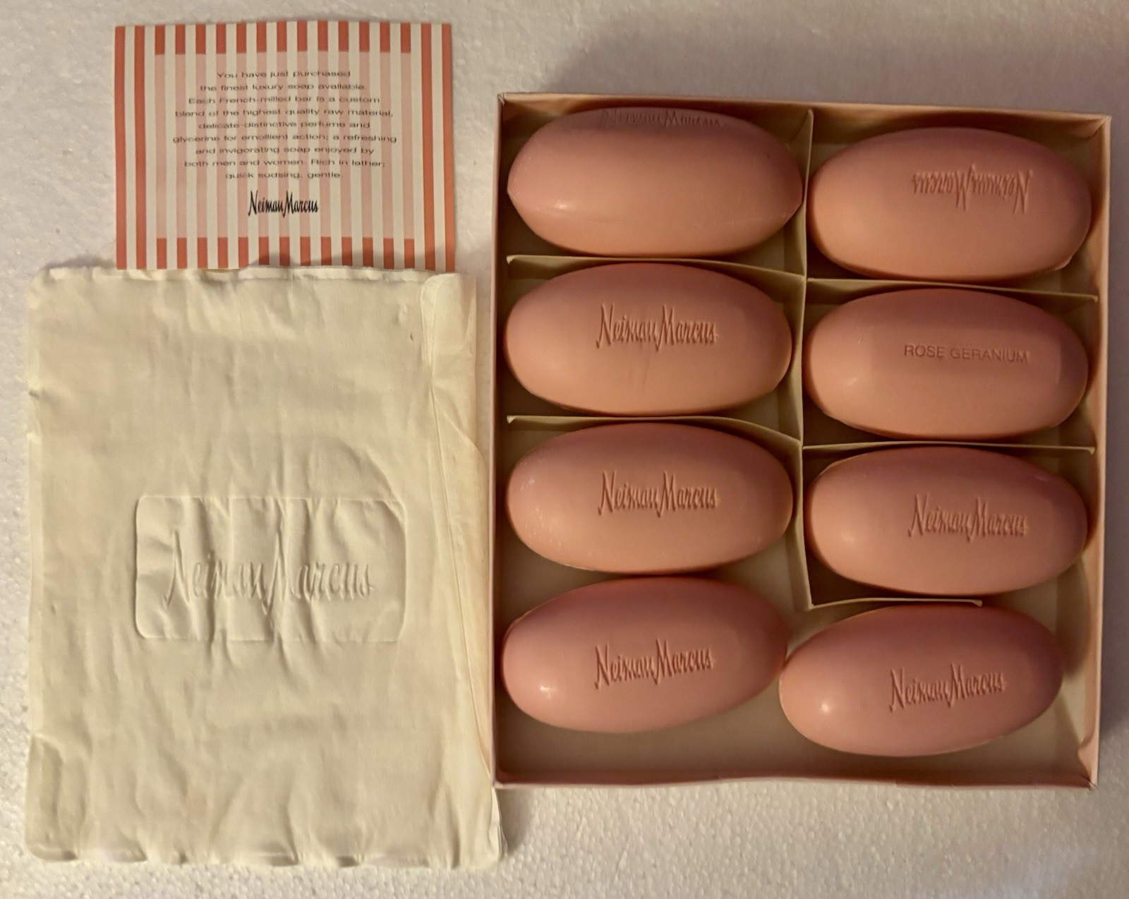 Neiman Marcus Rose Geranium Hand Soap – 8 Pink Oval Cakes “New in Box”