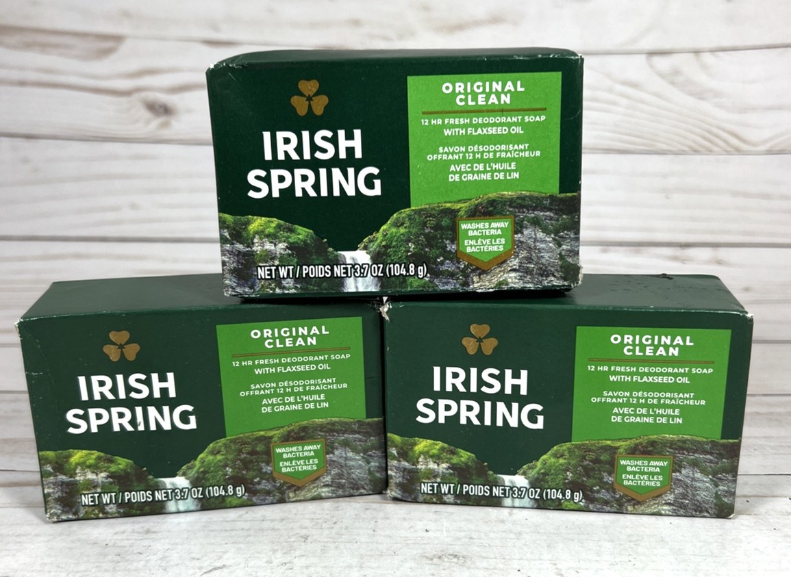 Irish Spring Original Clean Deodorant Soap Bars 3.7oz 12H Fresh Flaxseed (3Pack)