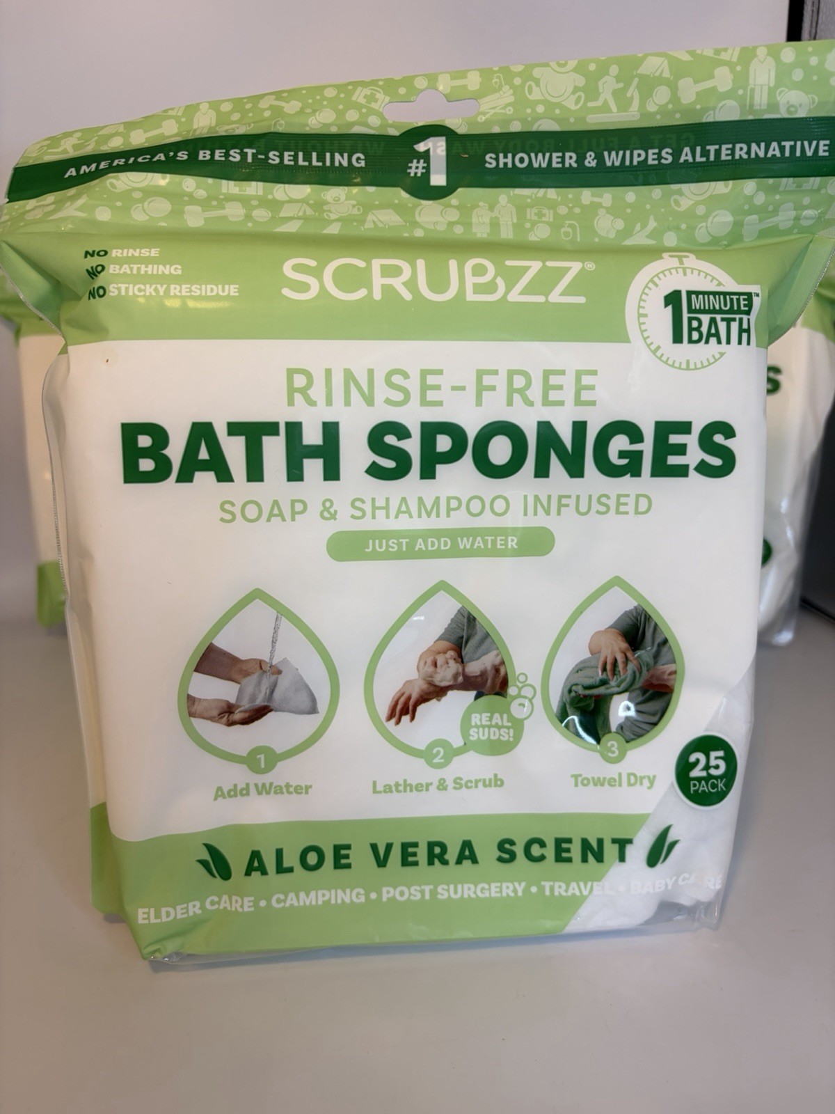 Lot of 4/100Scrubzz Rinse Free Bath Sponges Aloe Vera Lather Scrub Towel Dry New