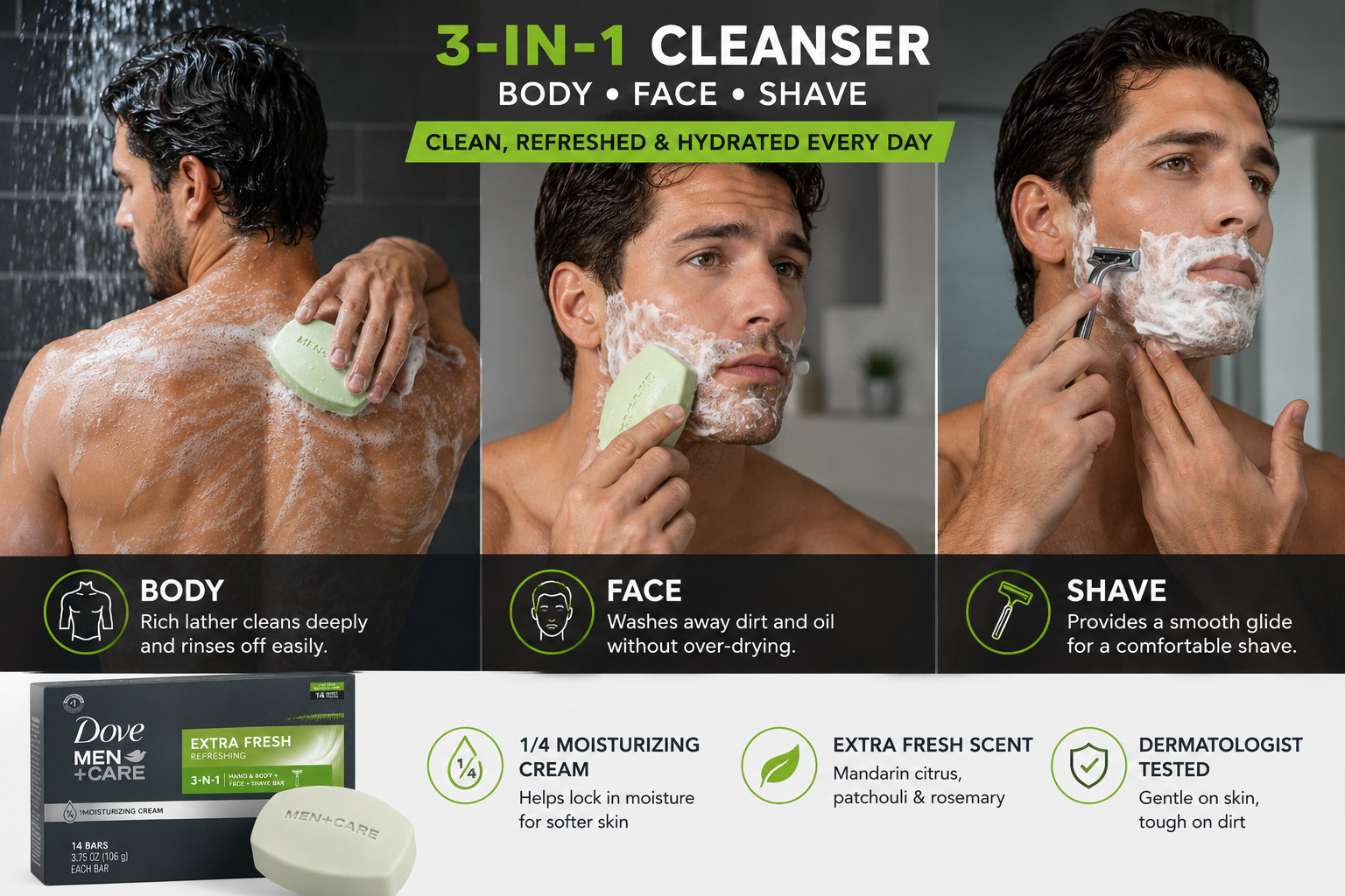 Dove Men+Care Extra Fresh 3-in-1 Body Face Shave Moisturizing Bar Soap
