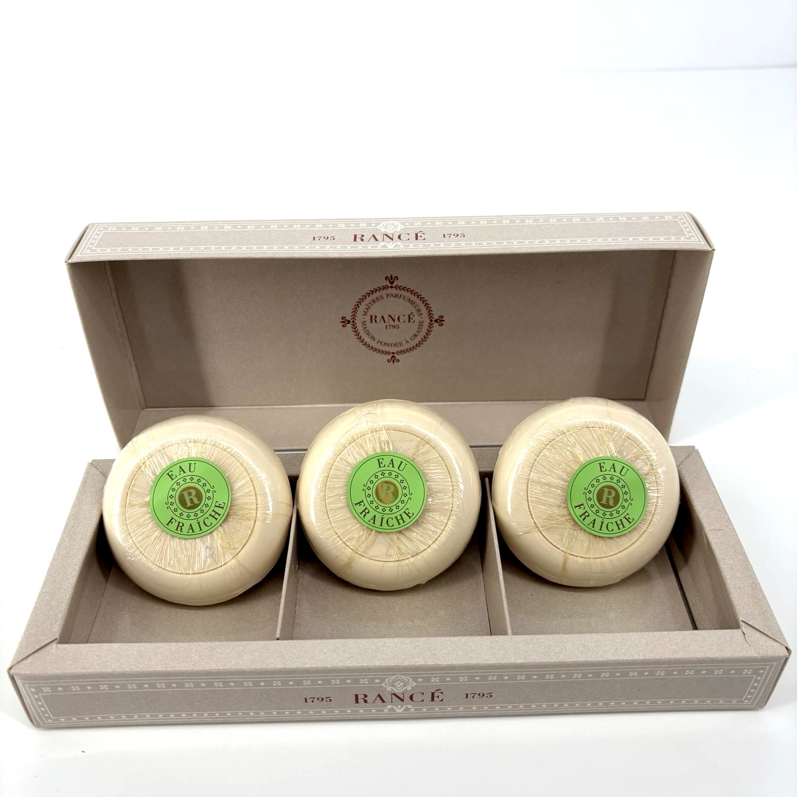 3 Boxed 1795 Rance 3.5 oz Soap Rounds EAU FRAICHE Vintage Factory Sealed NIB