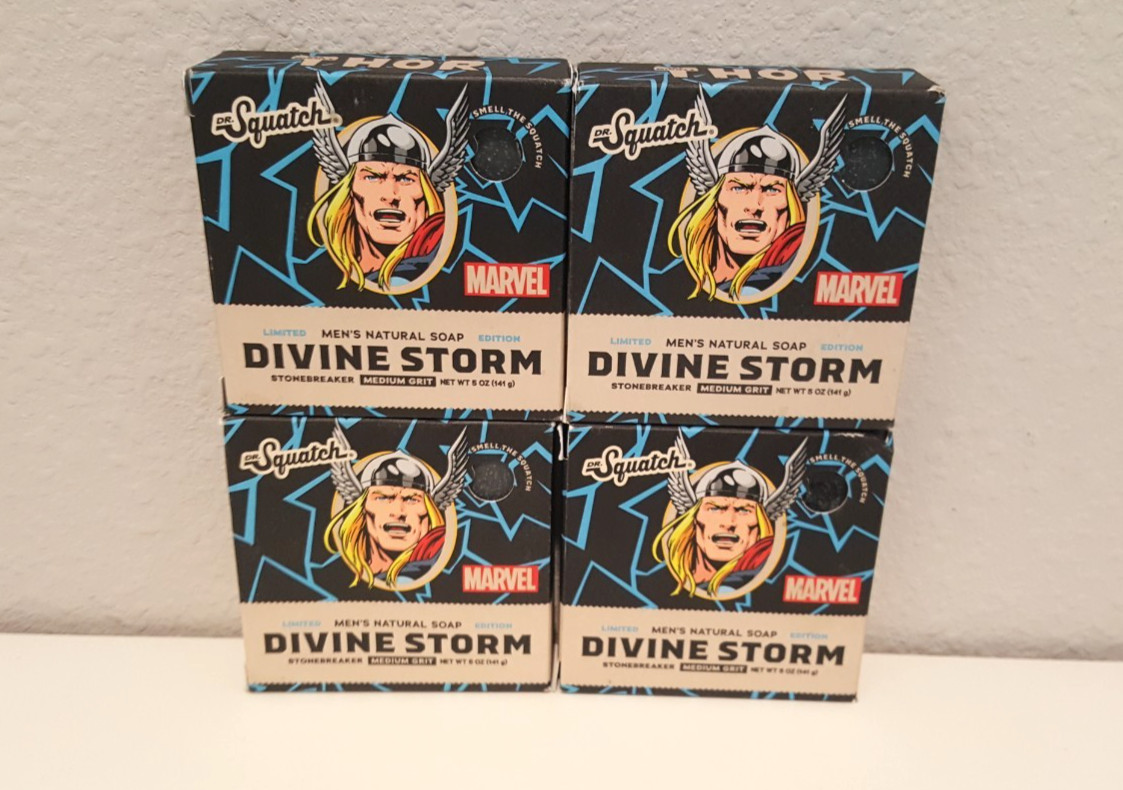 4 Pk: Dr. Squatch Marvel Thor DIVINE STORM Med. Grit 5oz Soap Bar