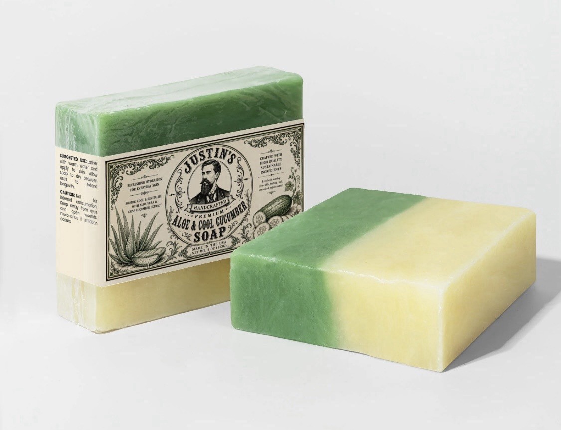 Justin’s Handcrafted Premium Body Bar Soap, Aloe & Cool Cucumber Scent, 4 oz