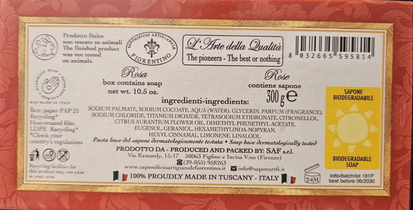 La Saponeria Firenze Luxury Rose Scented Italian Luxury Soap 10.5oz Artisan Bath