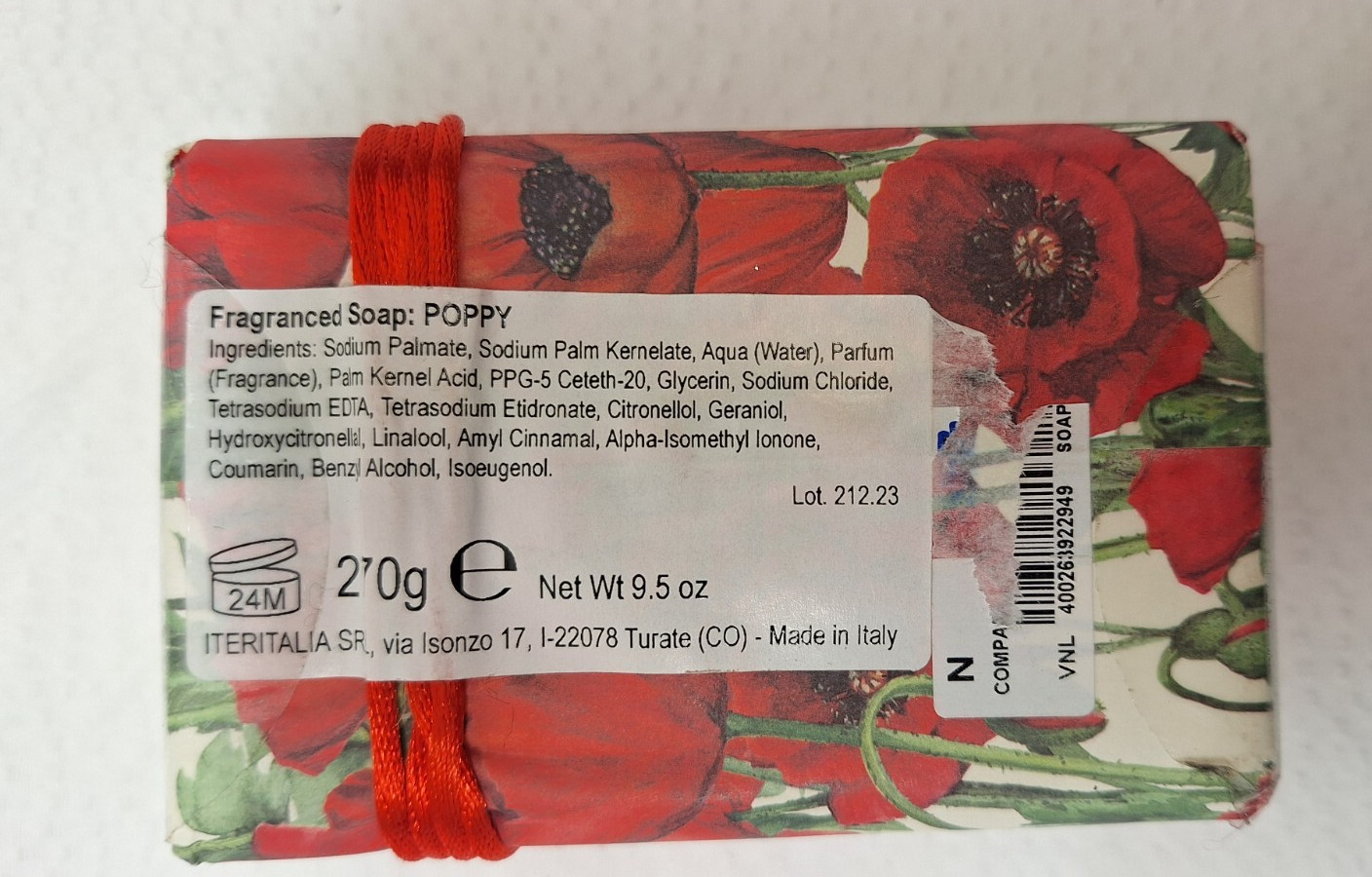 NEW Sapone Tradizionale Traditional Fragranced Soap Floral Poppy Made In Italy