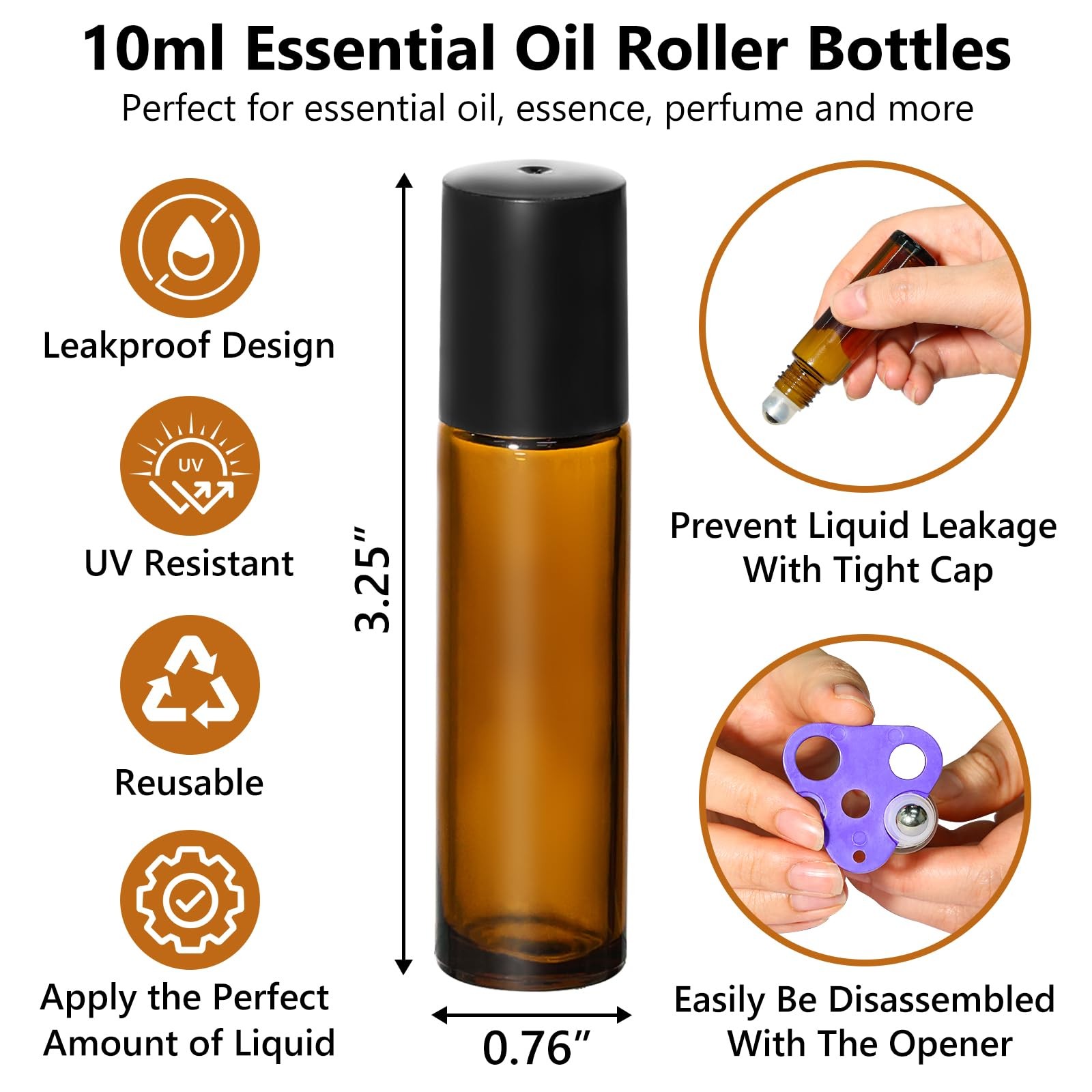 KEYWING 10ml Amber Glass Roller Bottles for Essential Oils – 24 Pack