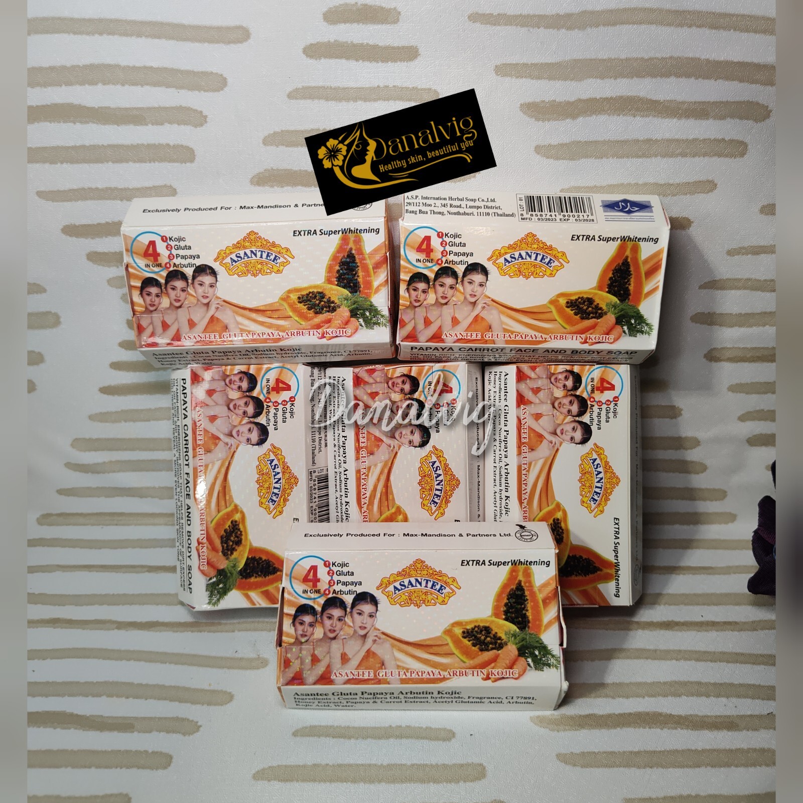 6 Bars x 125g Asantee Gluta Papaya Arbutin Kojic body Brightening Soap Anti Acne