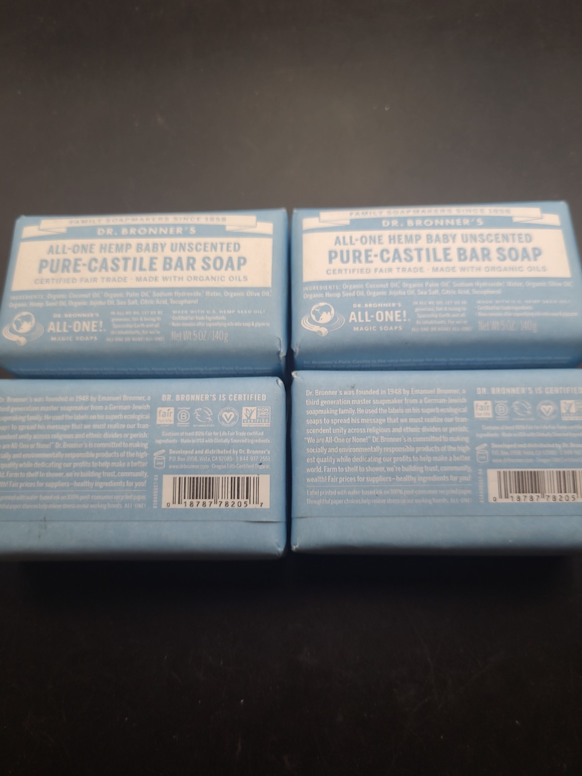 4 Bars Dr. Bronner’s All-One Hemp Baby Unscented Pure Castile Bar Soap Organic