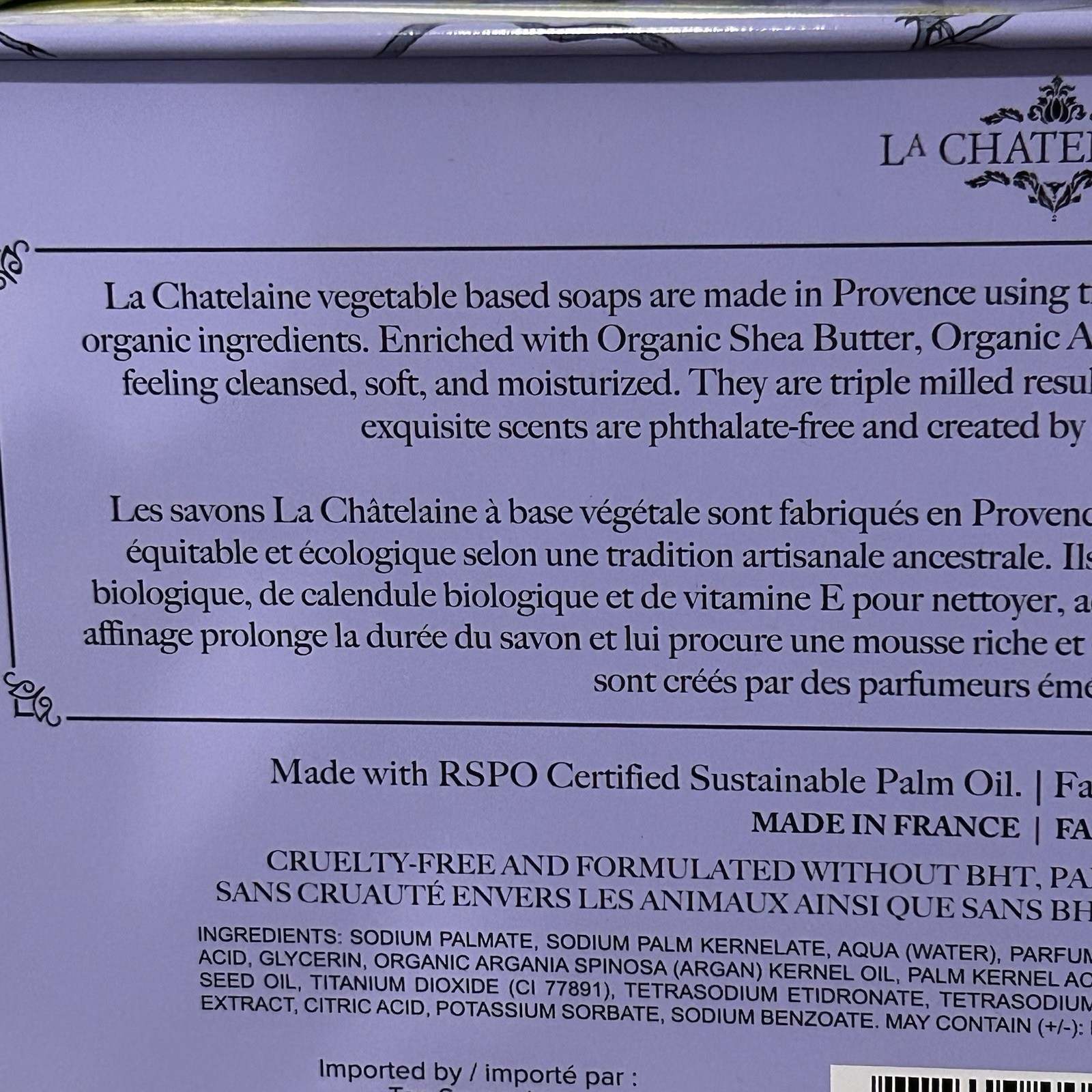 New, La Chatelaine Luxury Soap Bars (3-7oz.) Lavender, Lychee, Lemon Verbena