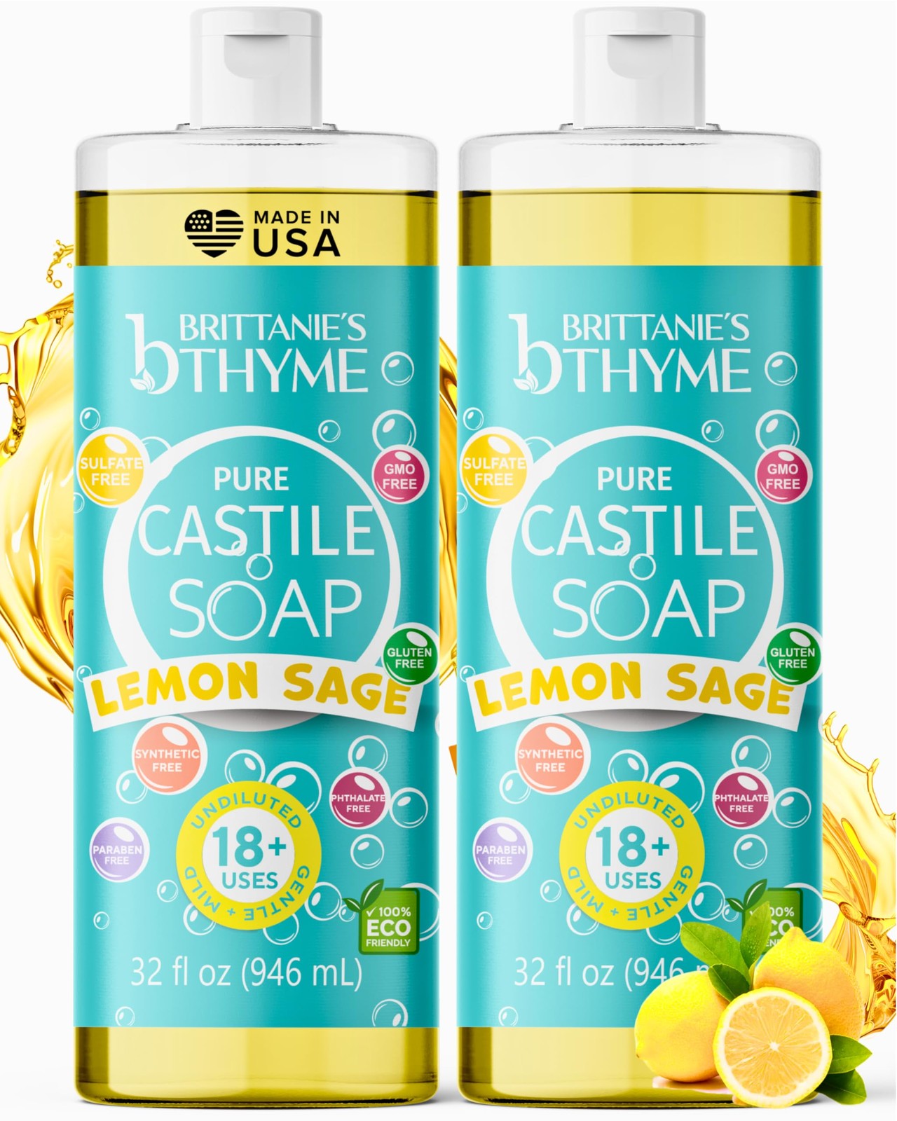 Castile Liquid Soap Refill 32oz Lemon Sage 2 Pack – Multi-Purpose Natural