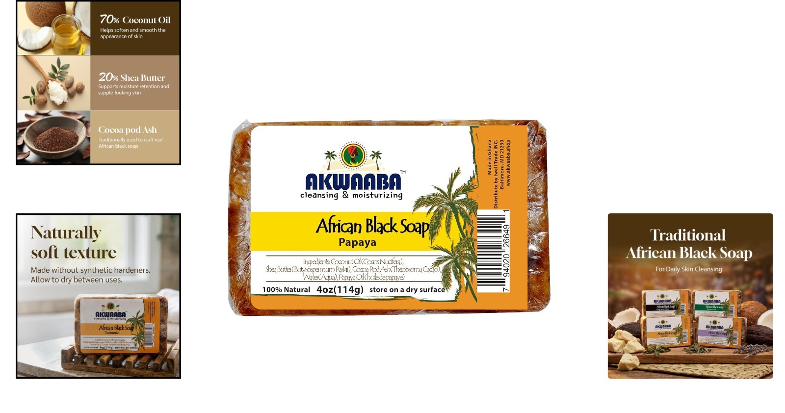 Natural African Black Soap with Papaya | 4 oz Gentle Cleanser for Face & Body