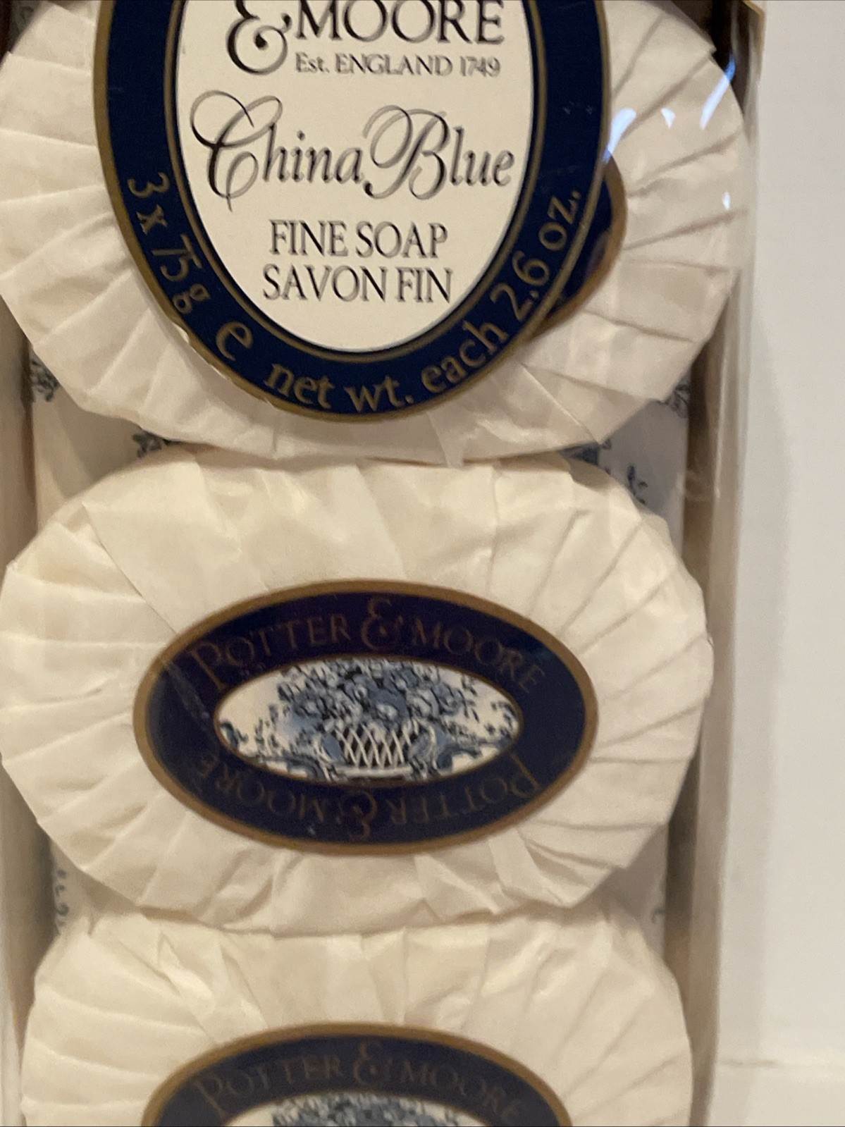 Potter & Moore China Blue Fine Soap 3 Bars Made in England White Willow Ginseng