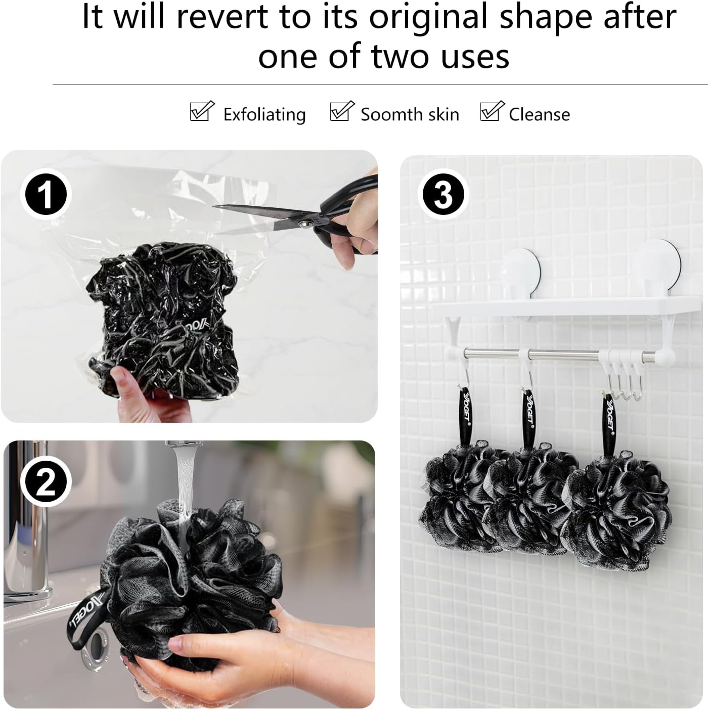 Yoget Bath Loofah Sponge, 4 Pack Black 60G Shower Mesh Ball Soft Pouf