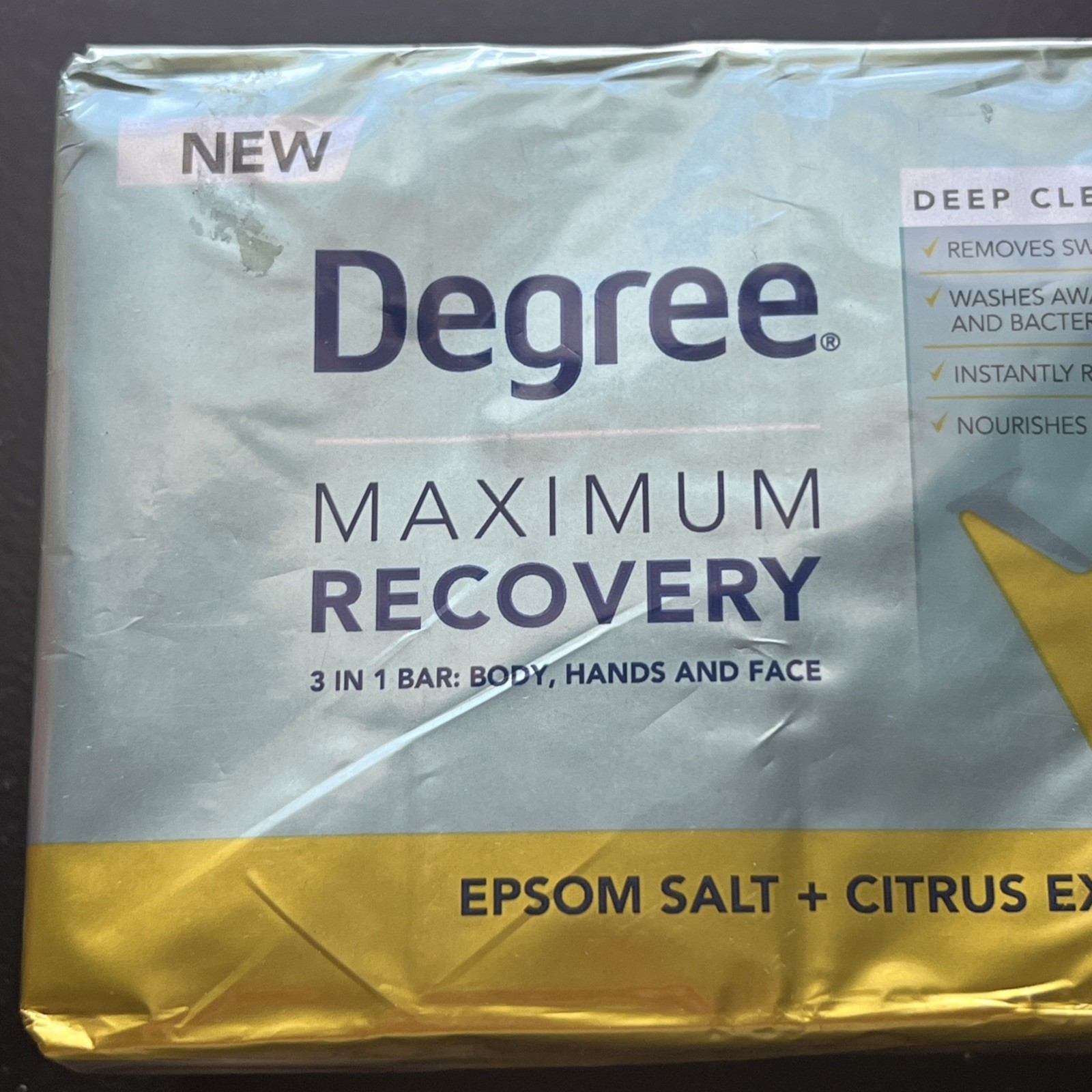 4 Bars Degree Maximum Recovery Epsom Salt + Citrus Extract Bar Soap 3.75 Oz. HTF