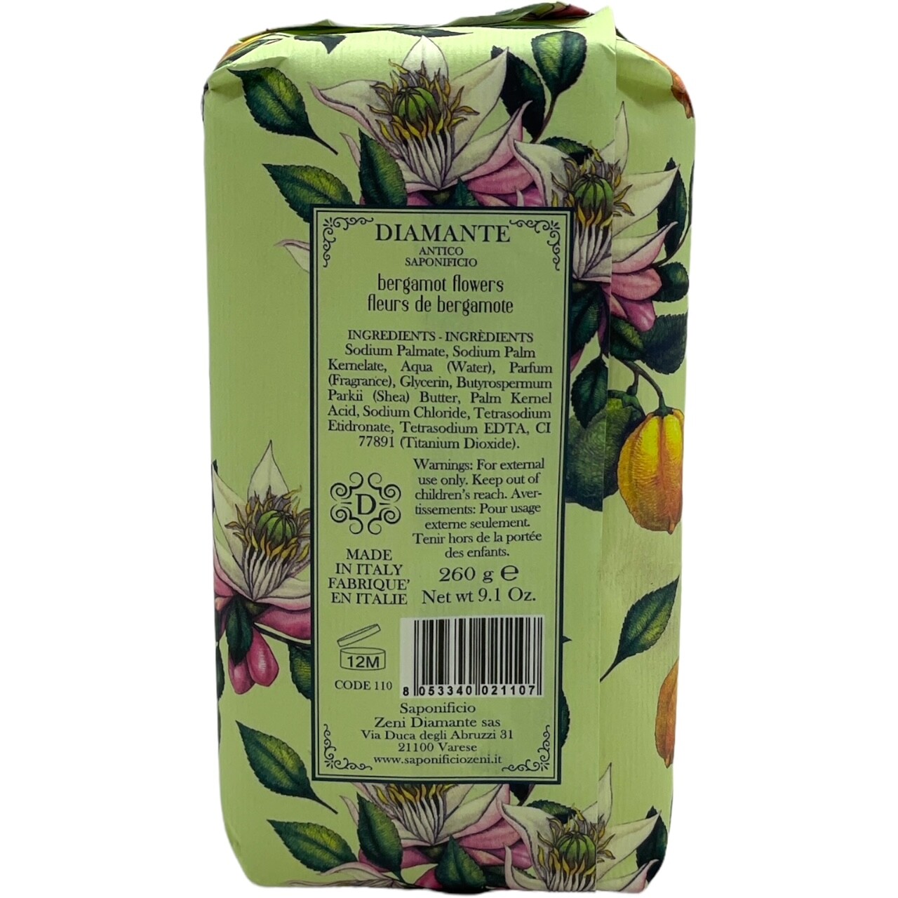 Diamante Bergamot Flowers Triple Milled Vegetal Soap 9.1oz Made in Italy