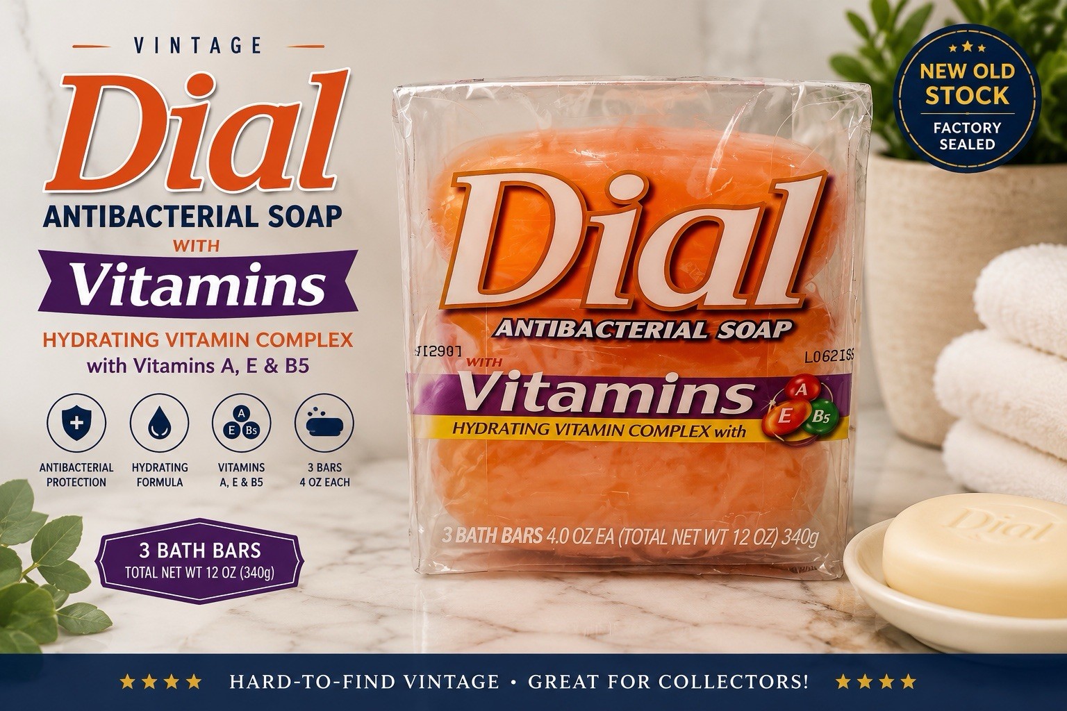 Vintage Dial Antibacterial Soap Vitamins 3 Bar Pack 12oz NOS Sealed Rare