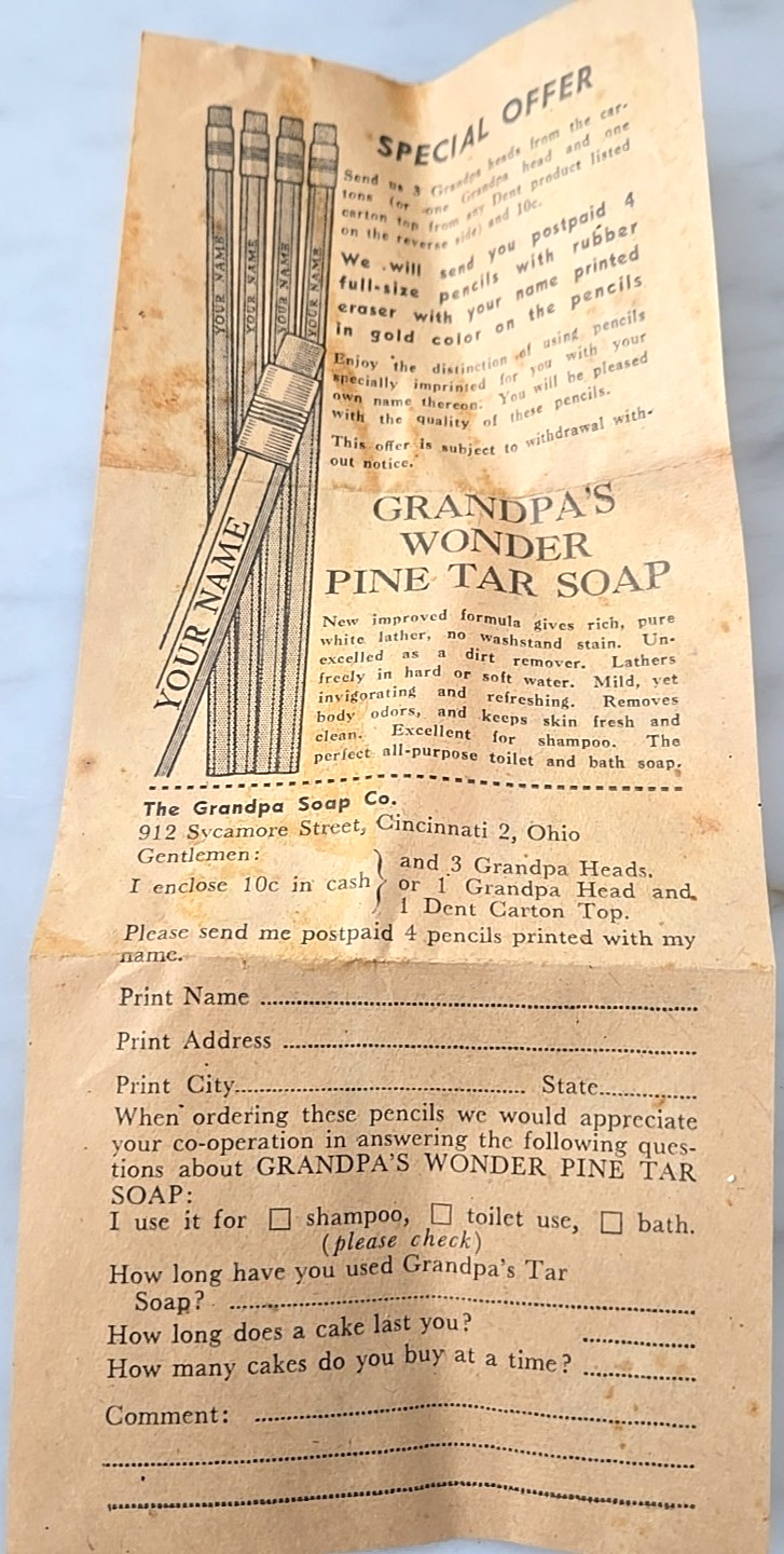 Vintage Grandpa’s Wonder Pine Tar Toilet Soap W/Instructions NOS