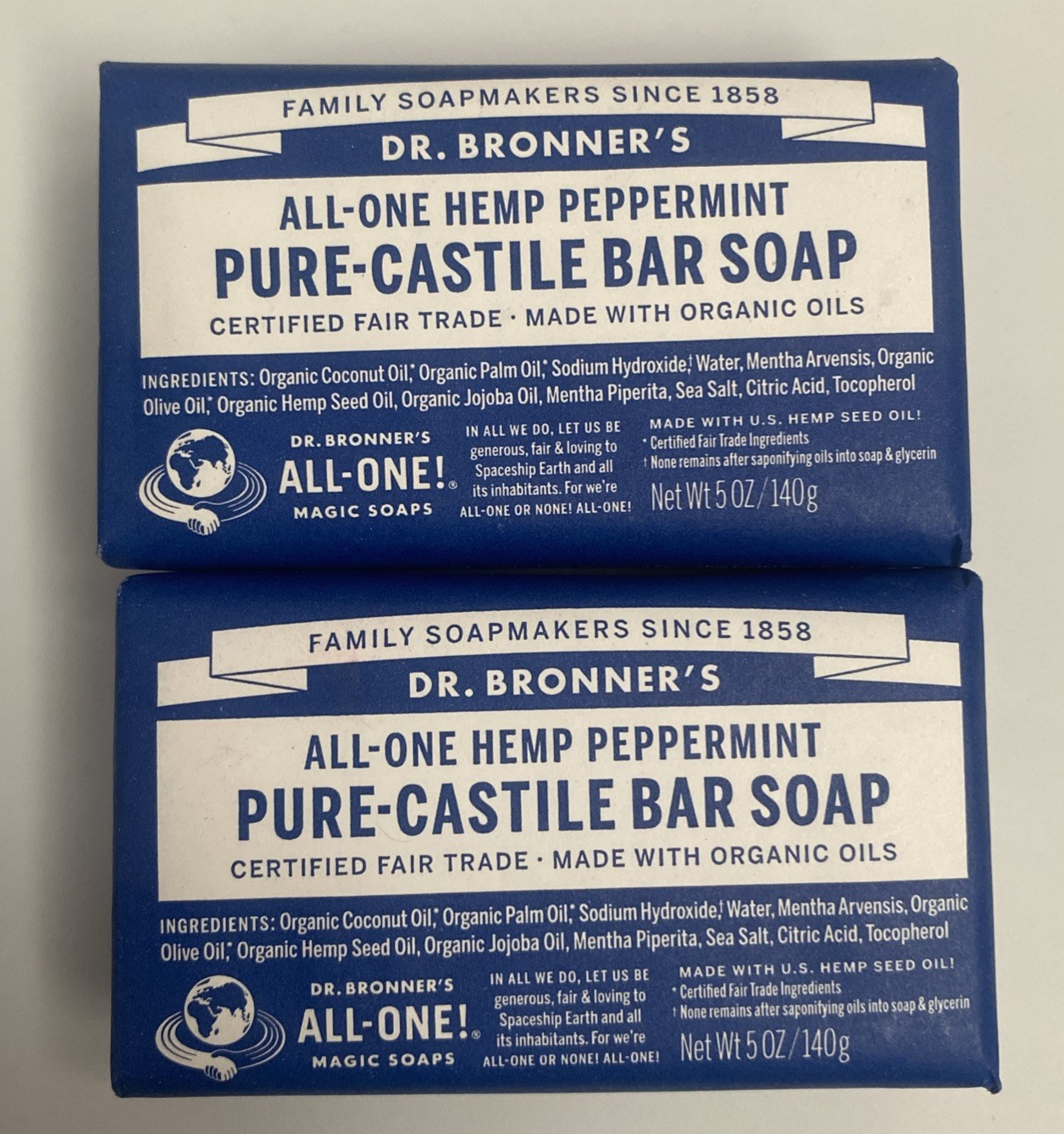 DR.BRONNER’S ALL-ONE HEMP Peppermint Pure-Castile BAR Soap Fair Trade * 2 BARS*