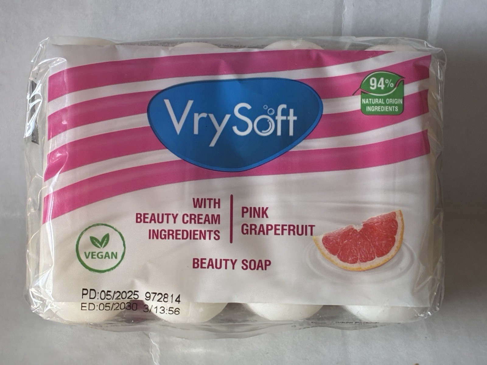 Vry Soft NIP Pink Grapefruit Vegan Soap 2.82 oz Bars Pkg Of 4: 94% Natural