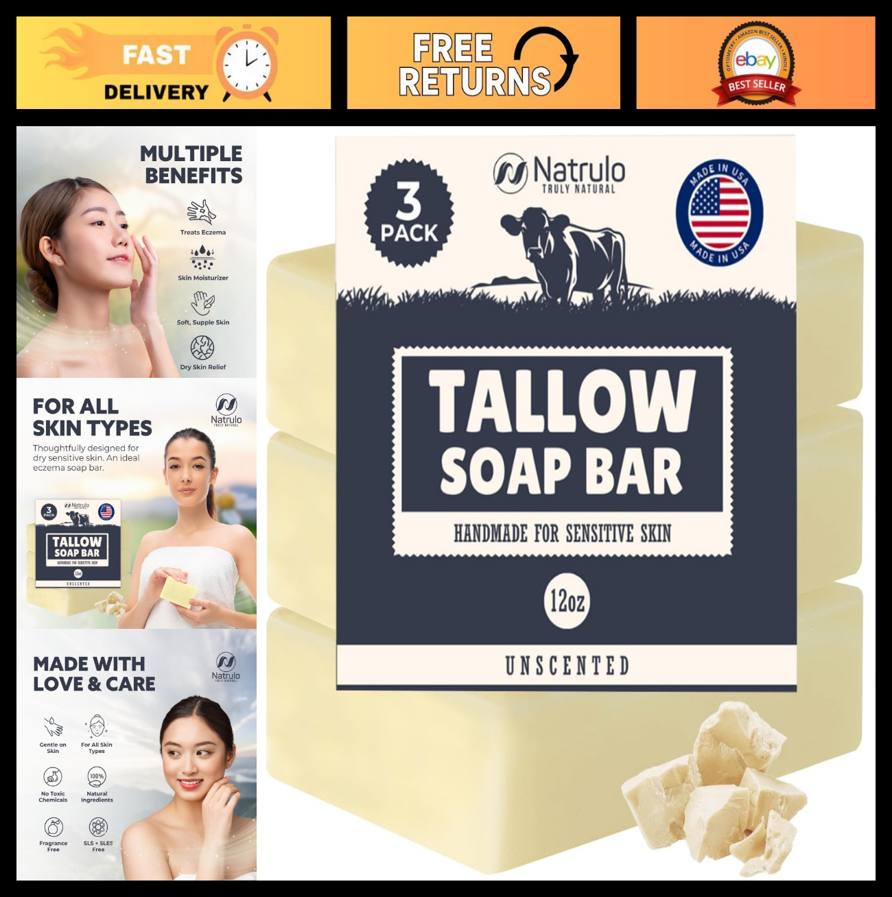 All-Natural Beef Tallow Soap Bar – Unscented Moisturizing Wash for Eczema, Dry S