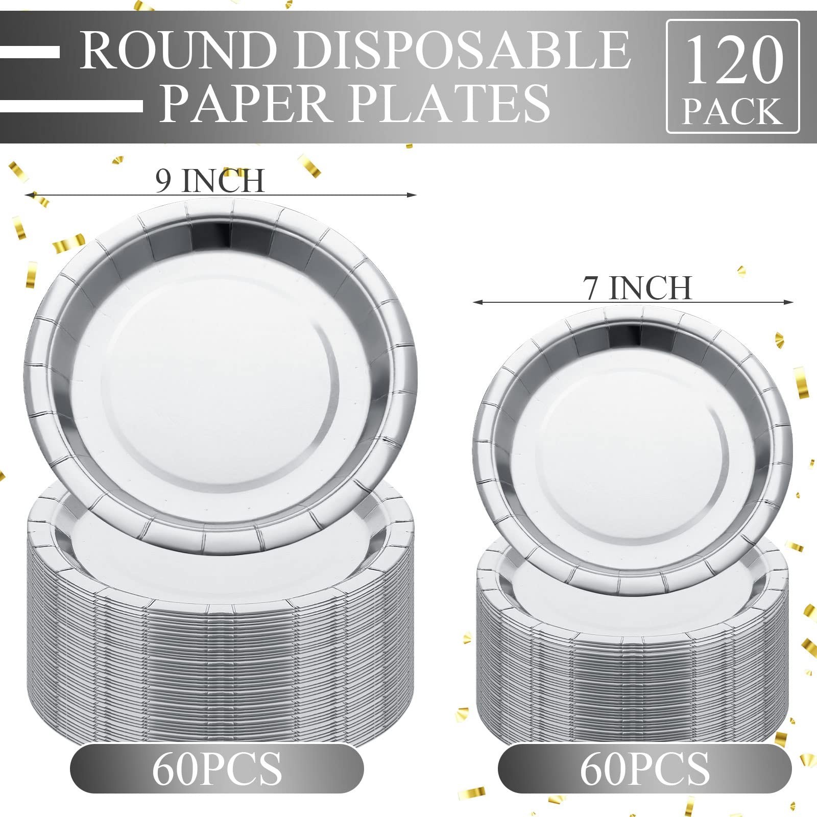 Colarr 120 Pack Metallic Silver Paper Plates 7 Inch and 9 Inch Disposable Pla…