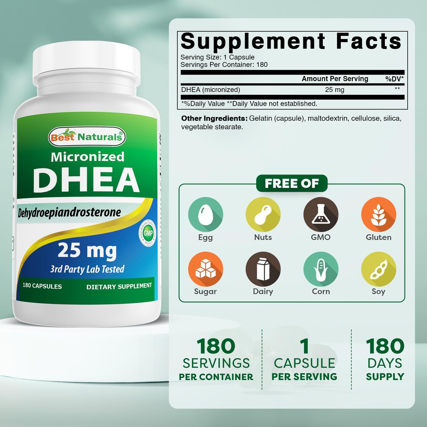 Best Naturals, Micronized DHEA 25 mg 180 Count (Pack of 1), 25 Mg