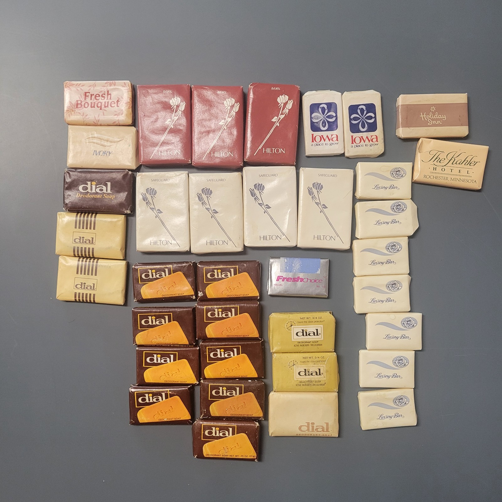 Vintage Lot of 36 Mixed Hotel Mini Soaps Dial Hilton Iowa Minnesota Ivory Boquet