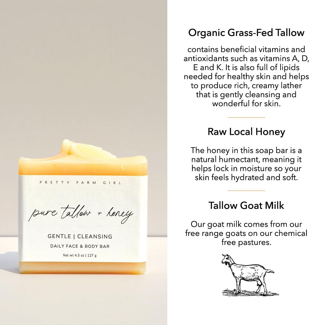 Pure Tallow + Honey Soap Bar – Fragrance Free – Handmade – Sensitive Skin – T…