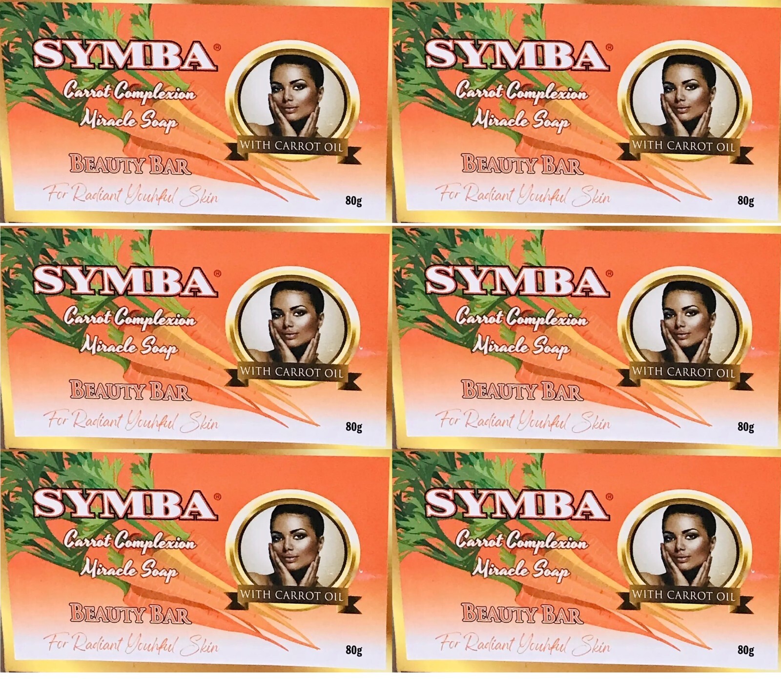 Symba Carrot Complexion Miracle Soap – 6 Pack (80g) Beauty Bar Radiant Skin, 80g
