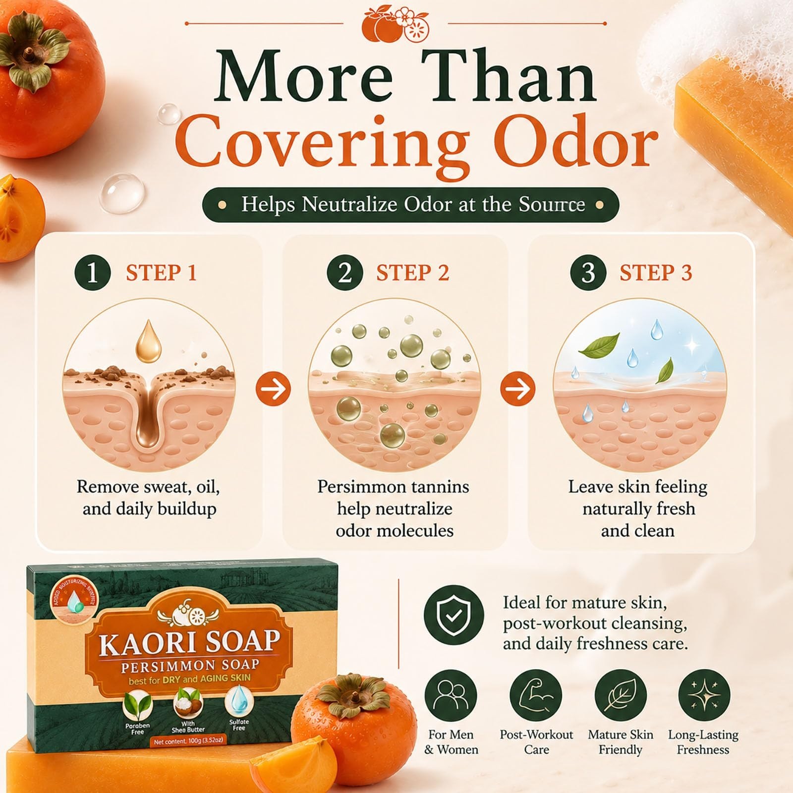Natural Deodorizing Persimmon Soap for Dry Aging Skin, Green Tea Extract, Gentle