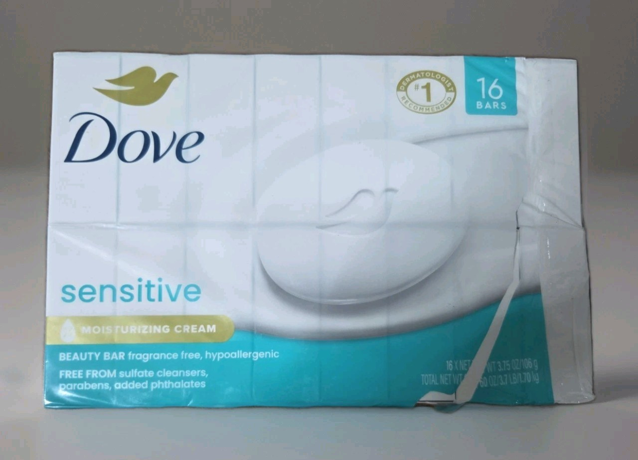Dove Sensitive Moisturizing Cream Beauty Bar Soap Fragrance Free 3.75oz, 16 Bars
