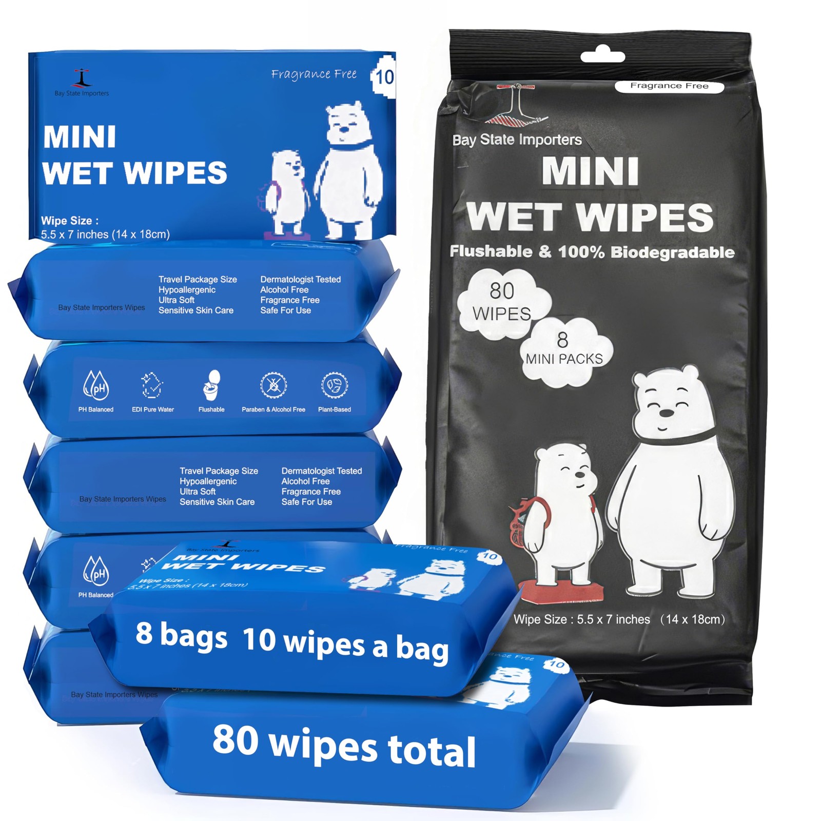 Compact Travel Flushable Wipes, 8 Pack, (80 Total Unscented Wet Wipes)