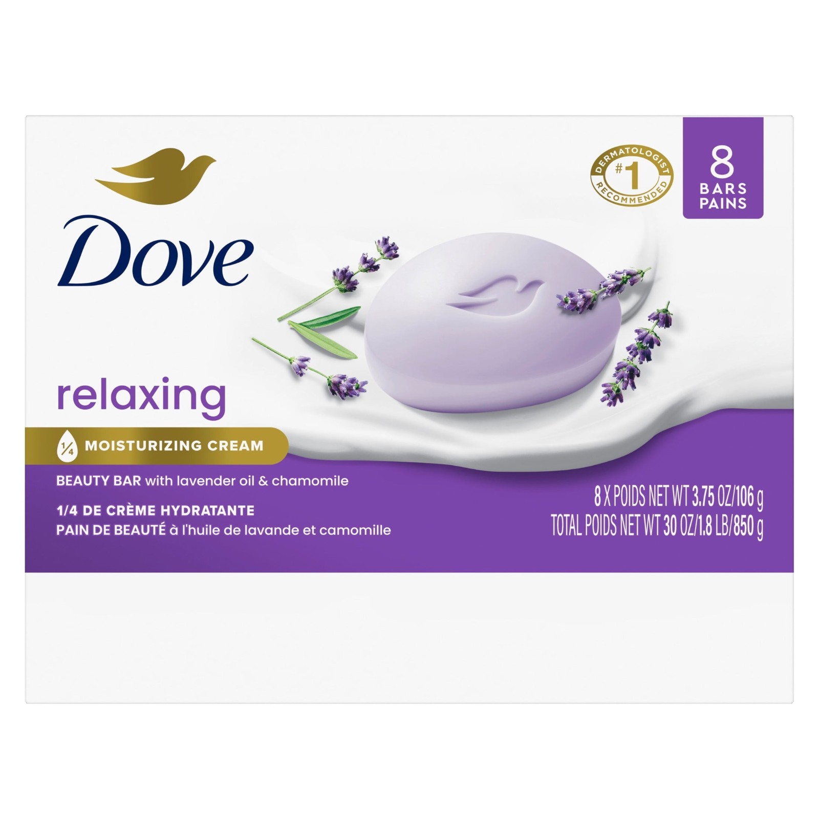 Dove Soap Beauty Bar Relaxing Lavender Chamomile 3.75 oz 8 Ct, 2 Pack (16 Bars)
