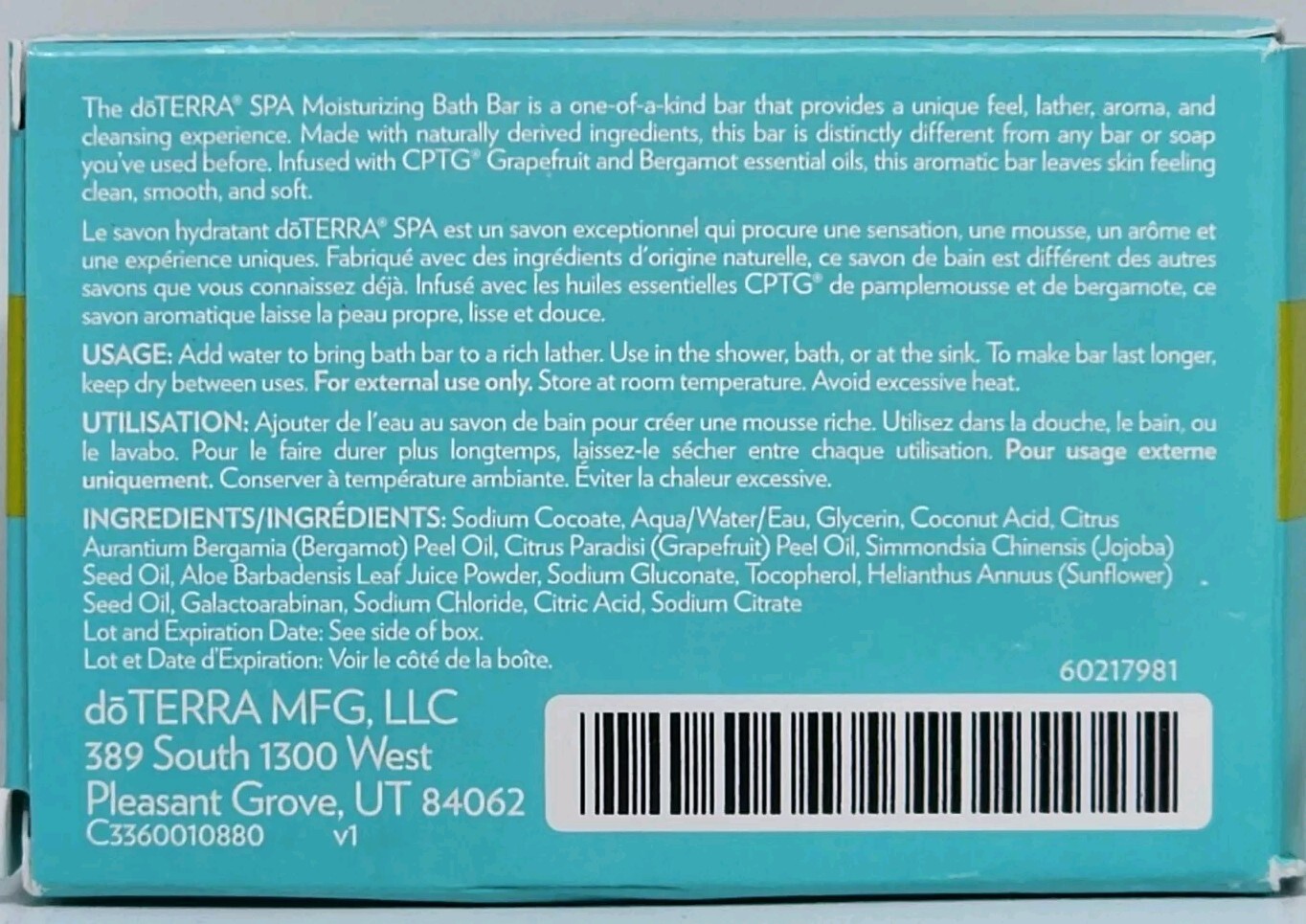 doTERRA SPA Moisturizing Bath Bar Soap Savon Hydratant With Essential Oils 4 oz
