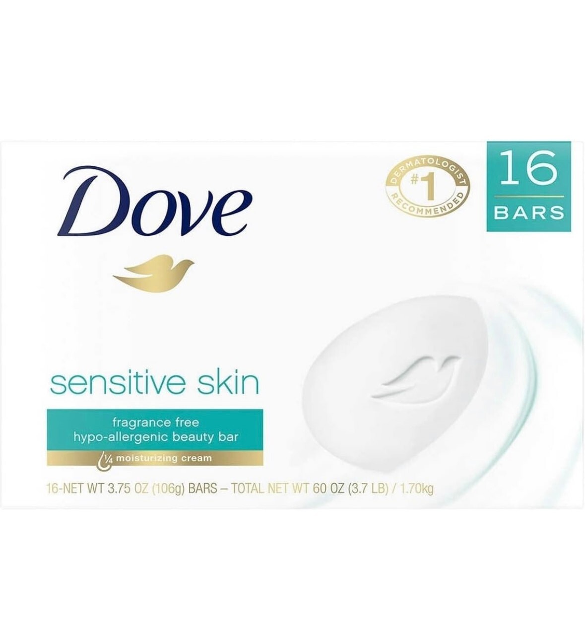 Dove Sensitive Skin Hypoallergenic Beauty Bar Soap ~ 3.75 oz X 16 Bars