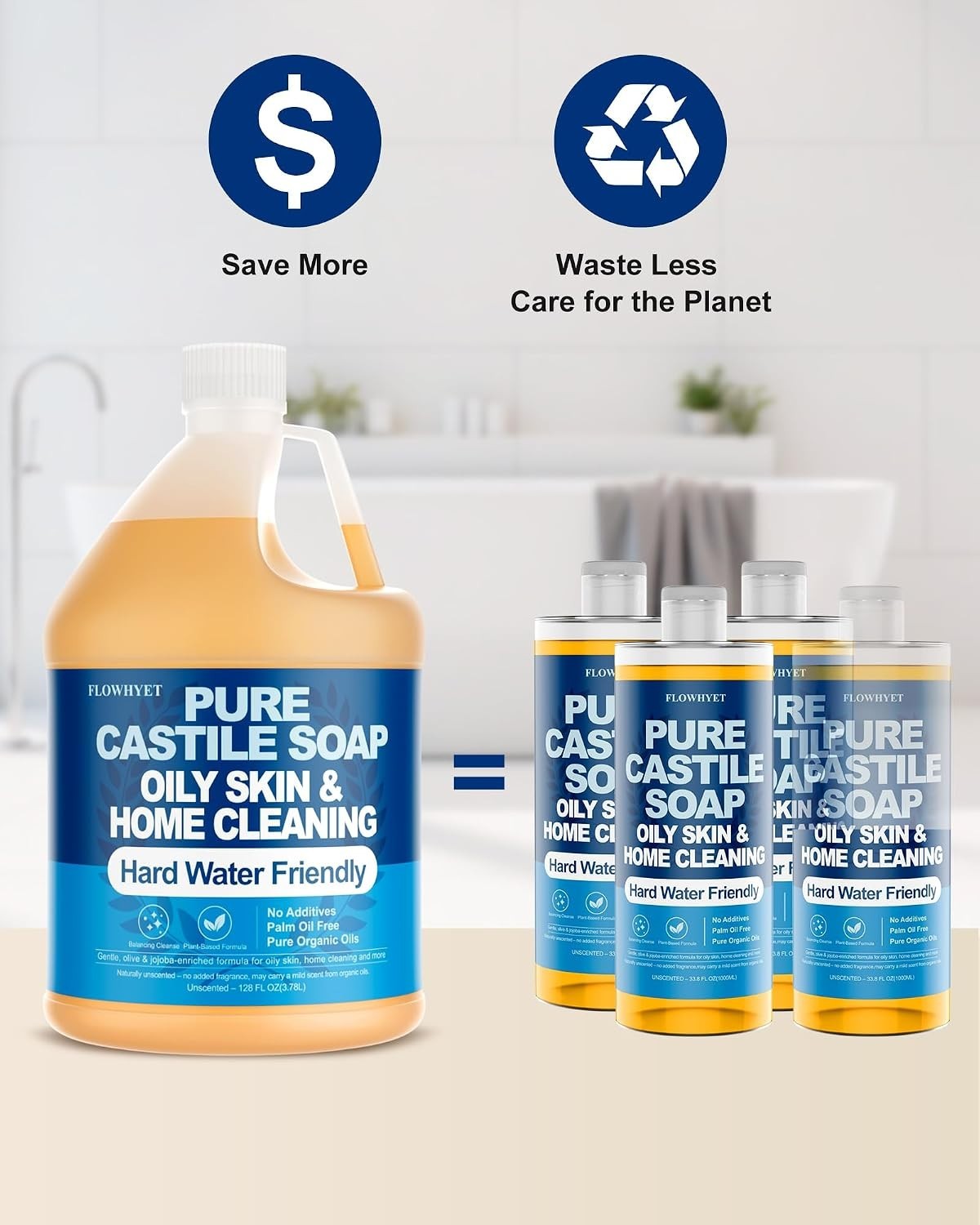 FLOWHYET Pure Castile Soap Liquid Unscented 1 Gallon 128 Fl Oz