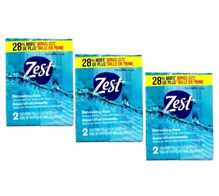 Zest Deodorant Bar Soap, Hydrating Moisture for All Skin Types, Aqua,4 oz,6bar