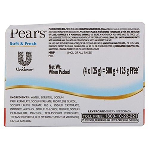 Pears Soft and Fresh Bathing Bar Glycerin and Mint Extracts 125g Pack of 4 + 1