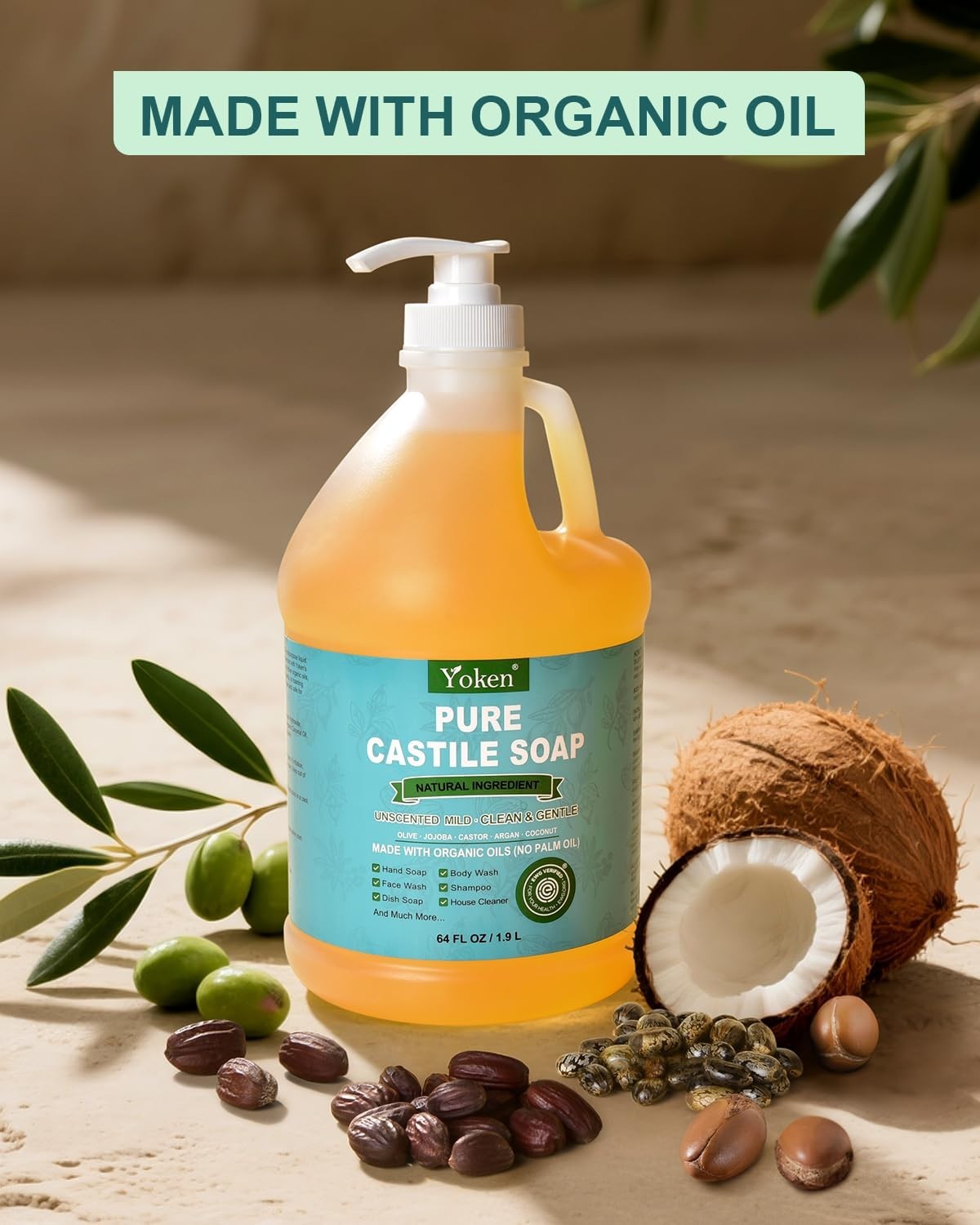 EWG Verified Organic Castile Soap Liquid Unscented 64oz Pure Organic Oil