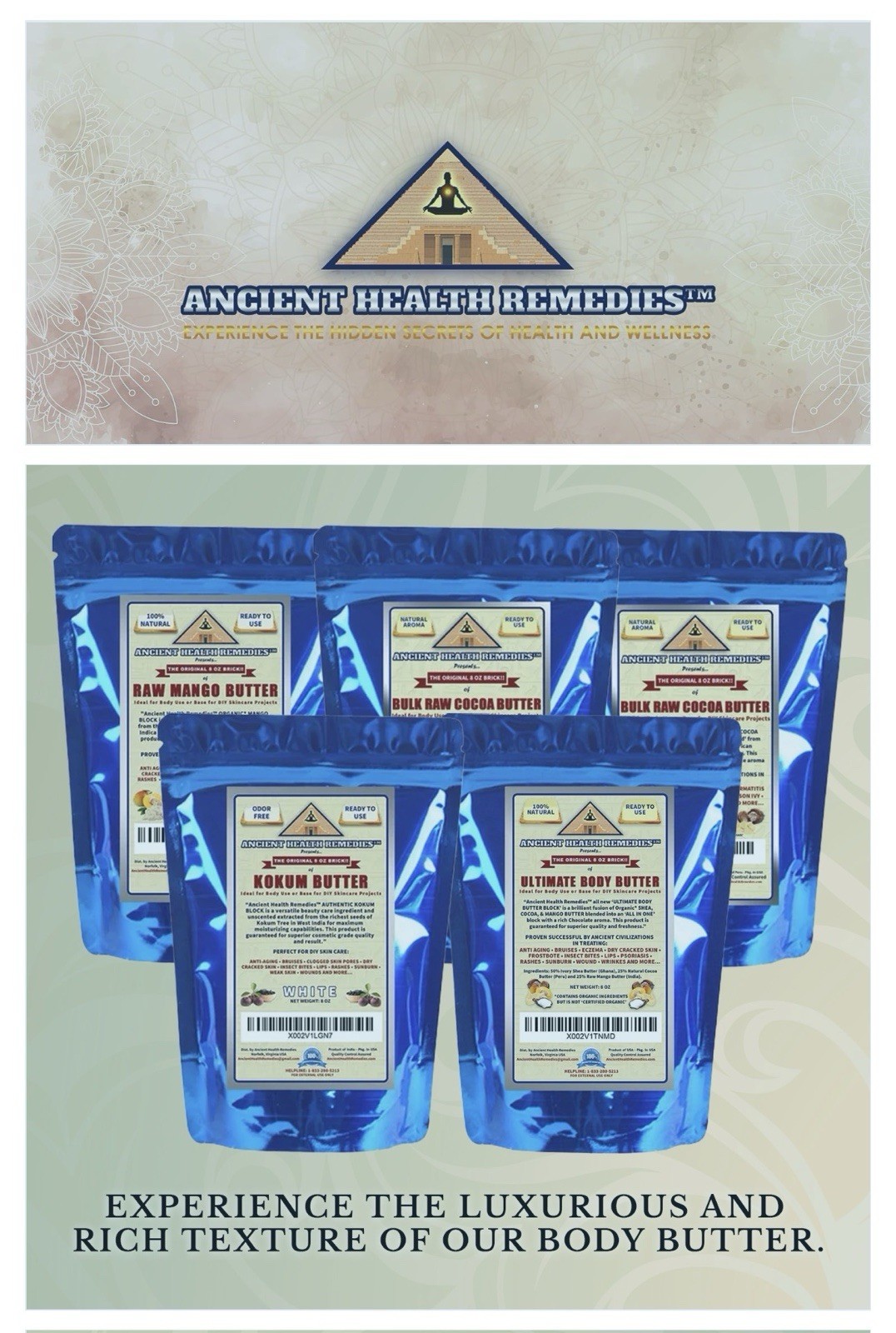 Ancient Health Remedies All Natural Body Butter Cocoa+Mango Butter 1 pound