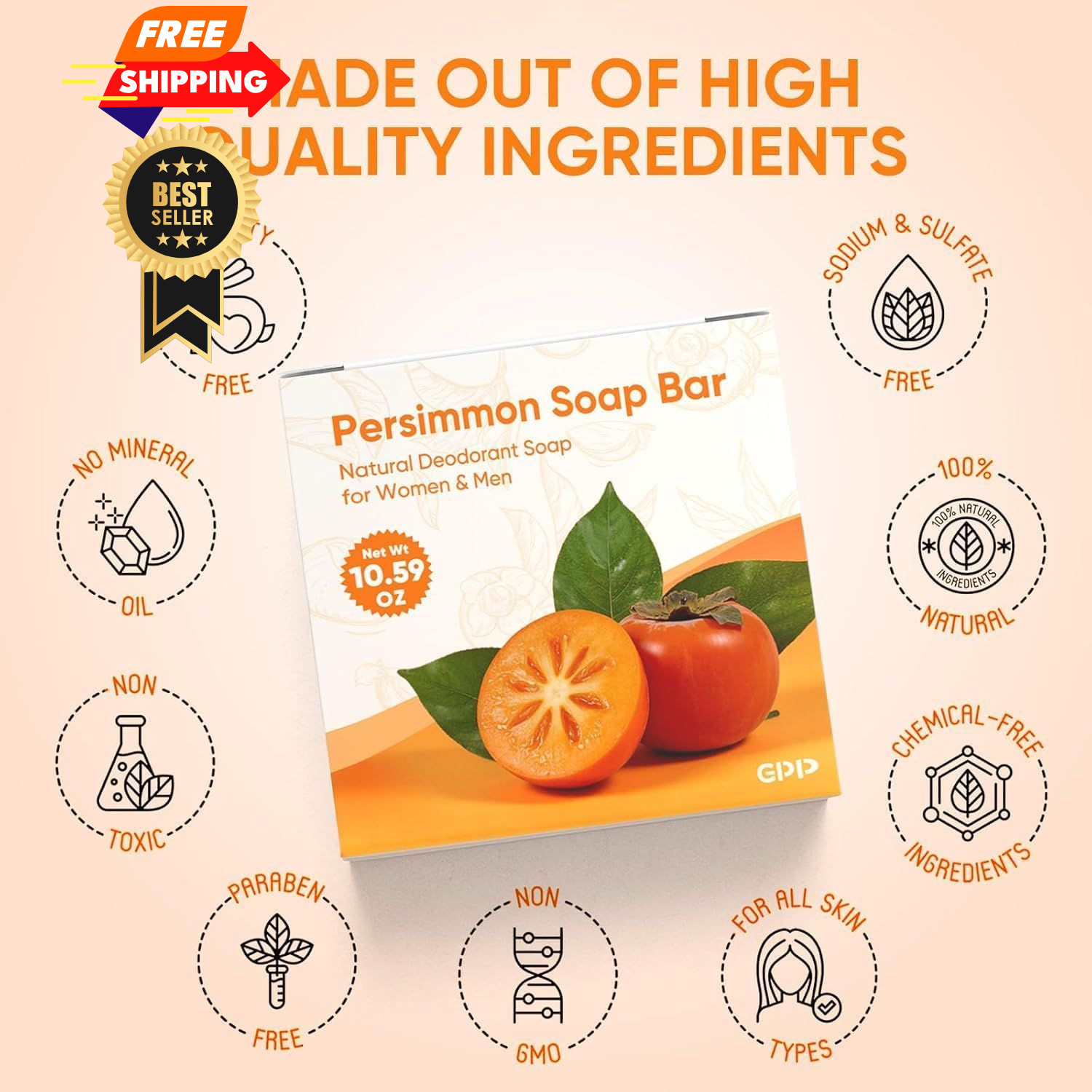 GPP Persimmon Soap Bar for Body Odor Control – 3 PCS 3.53 Ounce (Pack of 3)