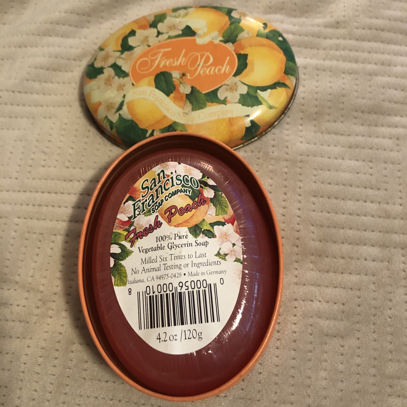 San Francisco Soaps Co Fresh Peach Scented Bath Soap 4.2oz Bar Collectible Tin