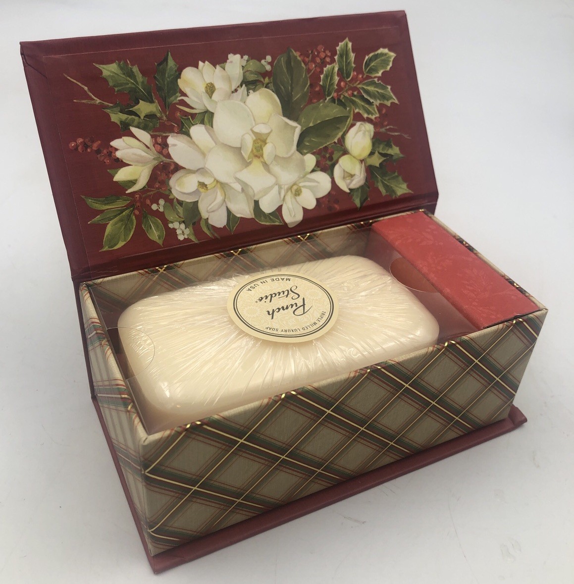 Punch Studio Holiday Magnolias Cranberry Triple Milled Luxury Bar Soap Music Box