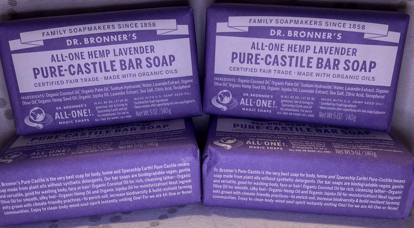 Dr. Bronner’s Pure Castile Bar Soap All-One Hemp Lavender; Lot of Four 5oz Bars