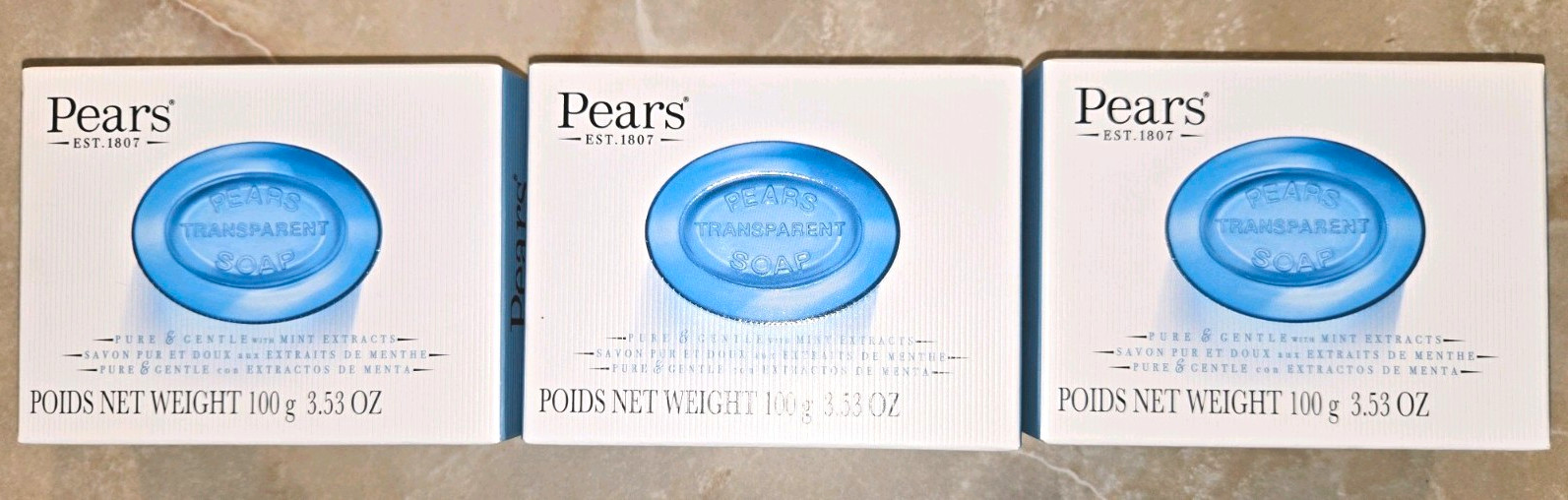 (3 Bars) Pears Blue Gentle Spearmint Menthol 100gram Each Bar