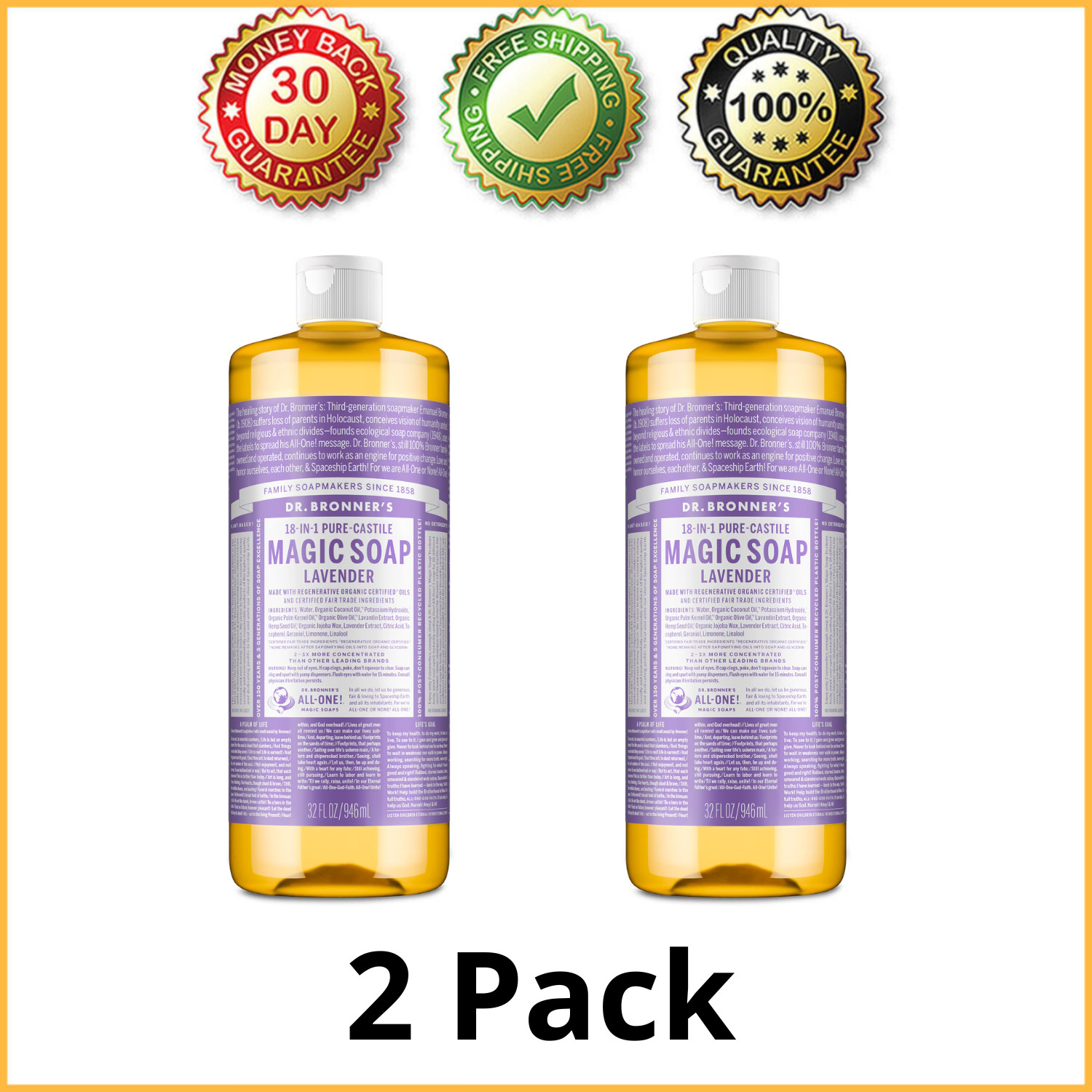(2 Pack) Dr. Bronner’s Pure-Castile Liquid Magic Soap Lavender, 32.0 fl oz