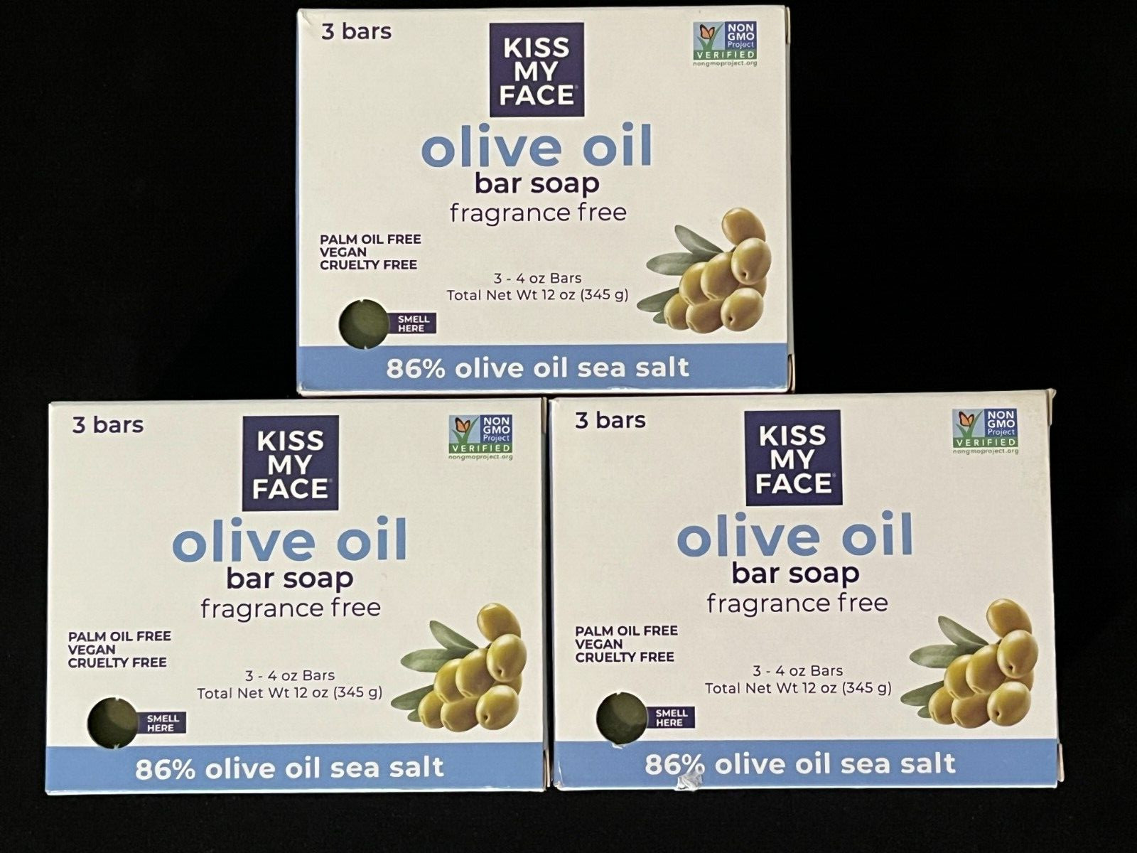 Kiss My Face 3 Pack Pure Olive Oil Vegan Bar Soap for Men and Women – 9 Bars