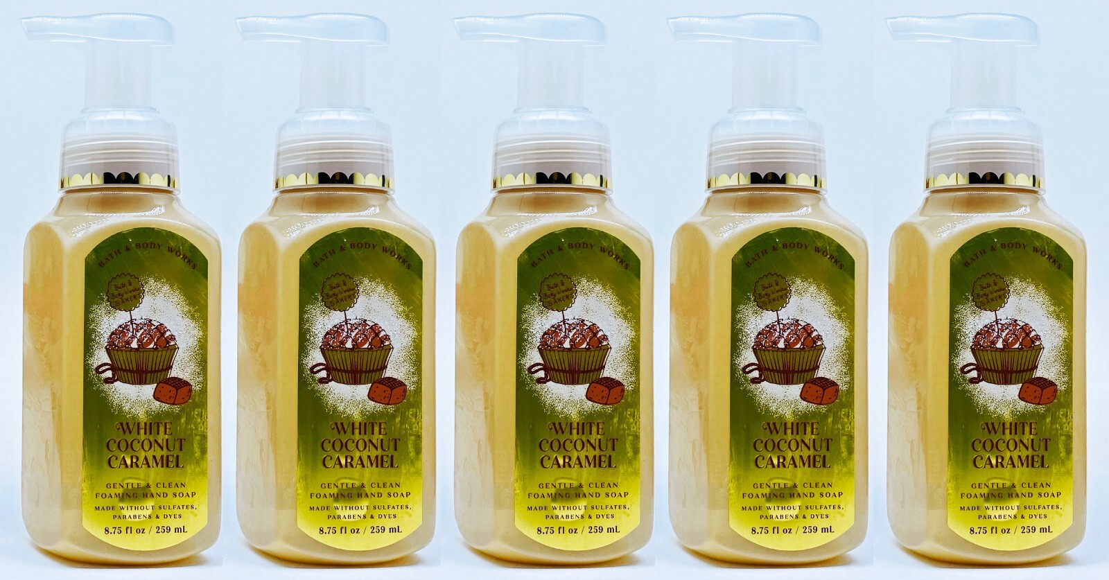 5 Bath & Body Works WHITE COCONUT CARAMEL Gentle Clean Foaming Hand Soap 8.75 oz