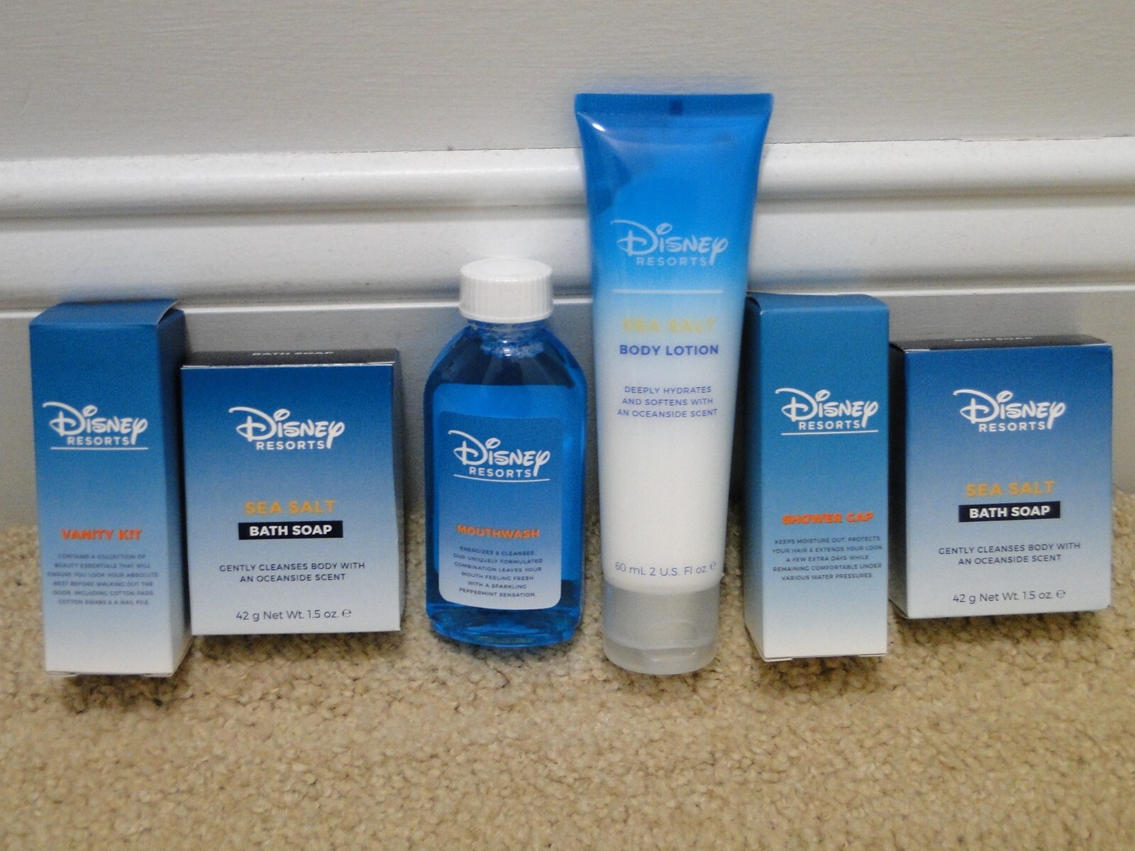 6 Disney Resorts Vanity Kit Bath Soap Mouthwash Body Lotion Shower Cap