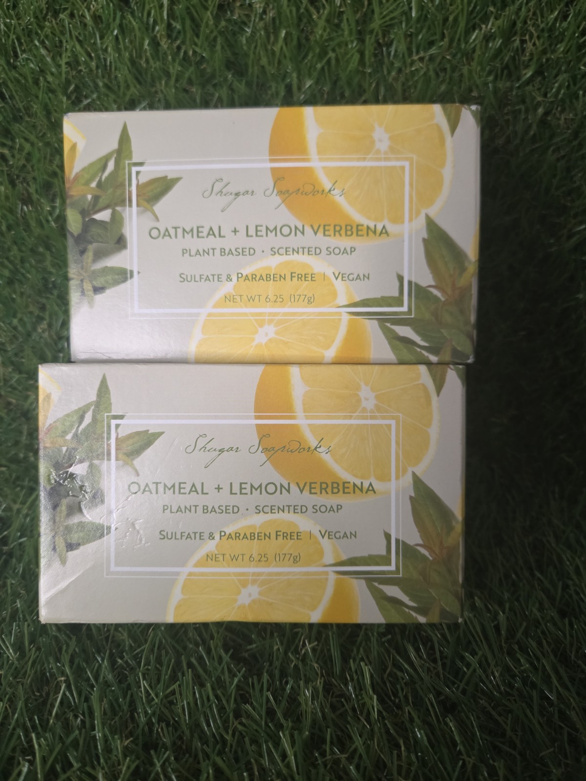 Shugar soapworks Oatmeal and Lemon Verbena” Pure Vegetable Soap 5 oz. Lot Of 2